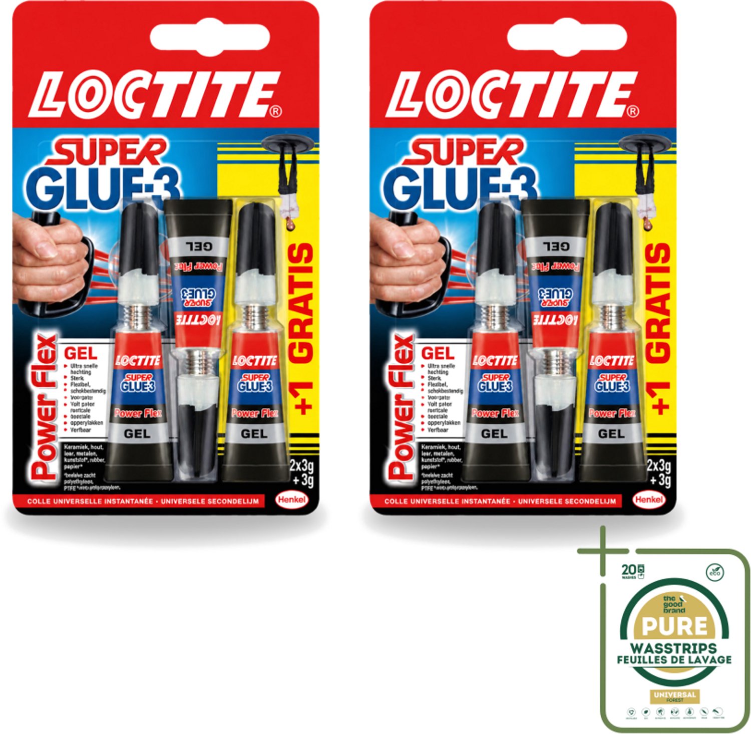 2 x Loctite - Secondelijm - Power Flex - 3 Lijmtubes - Wasstrips - Secondelijm - Power Flex - Lijm - Hechting - Rubber