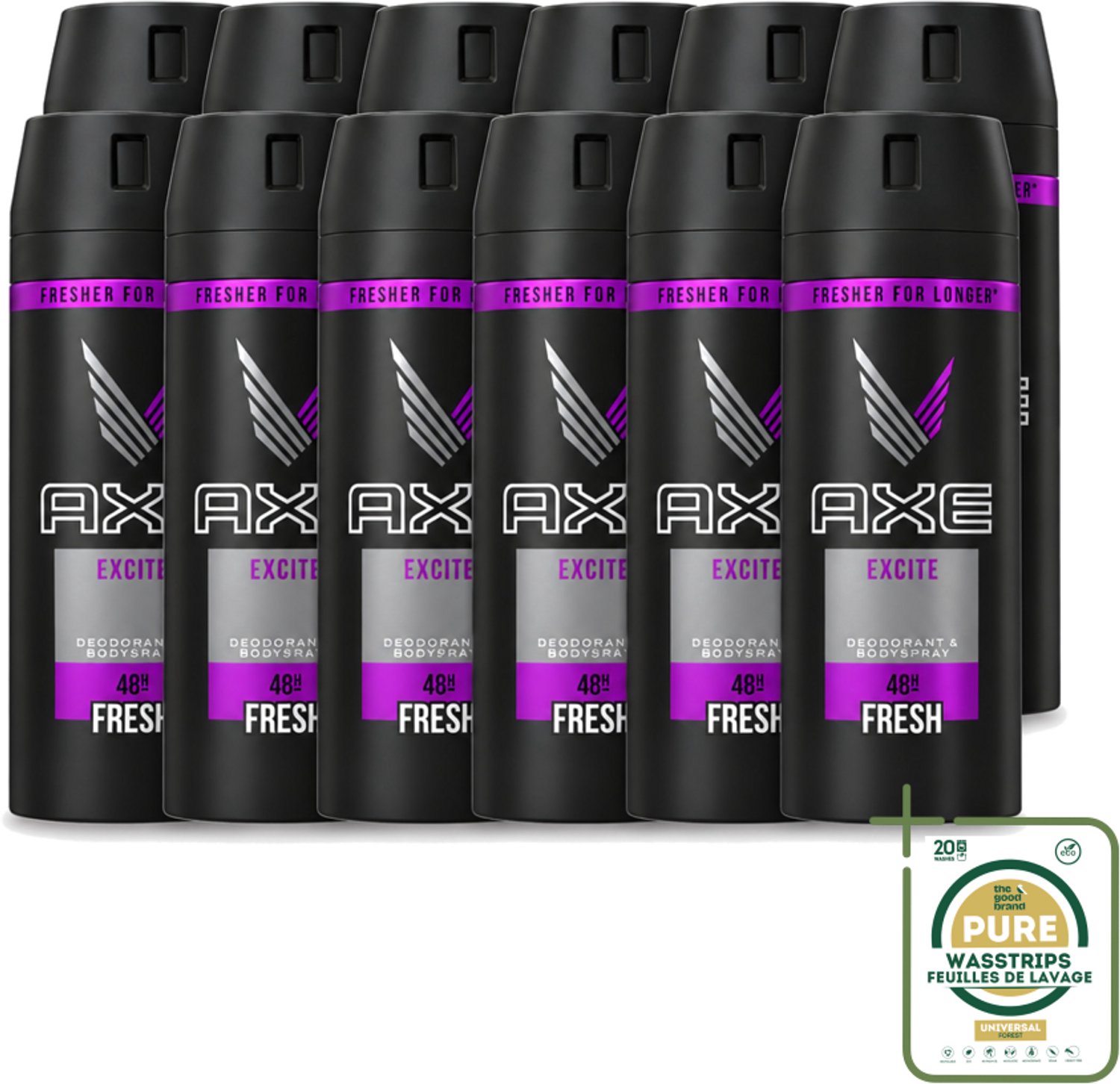12 x Axe - Deodorant Bodyspray - 48hrs Fresh - Excite - 150 ml - Wasstrips - 48 Uur Fris - Deodorant Spray - Kokosnoot Geur - Zwarte Peper Geur - Frisheid