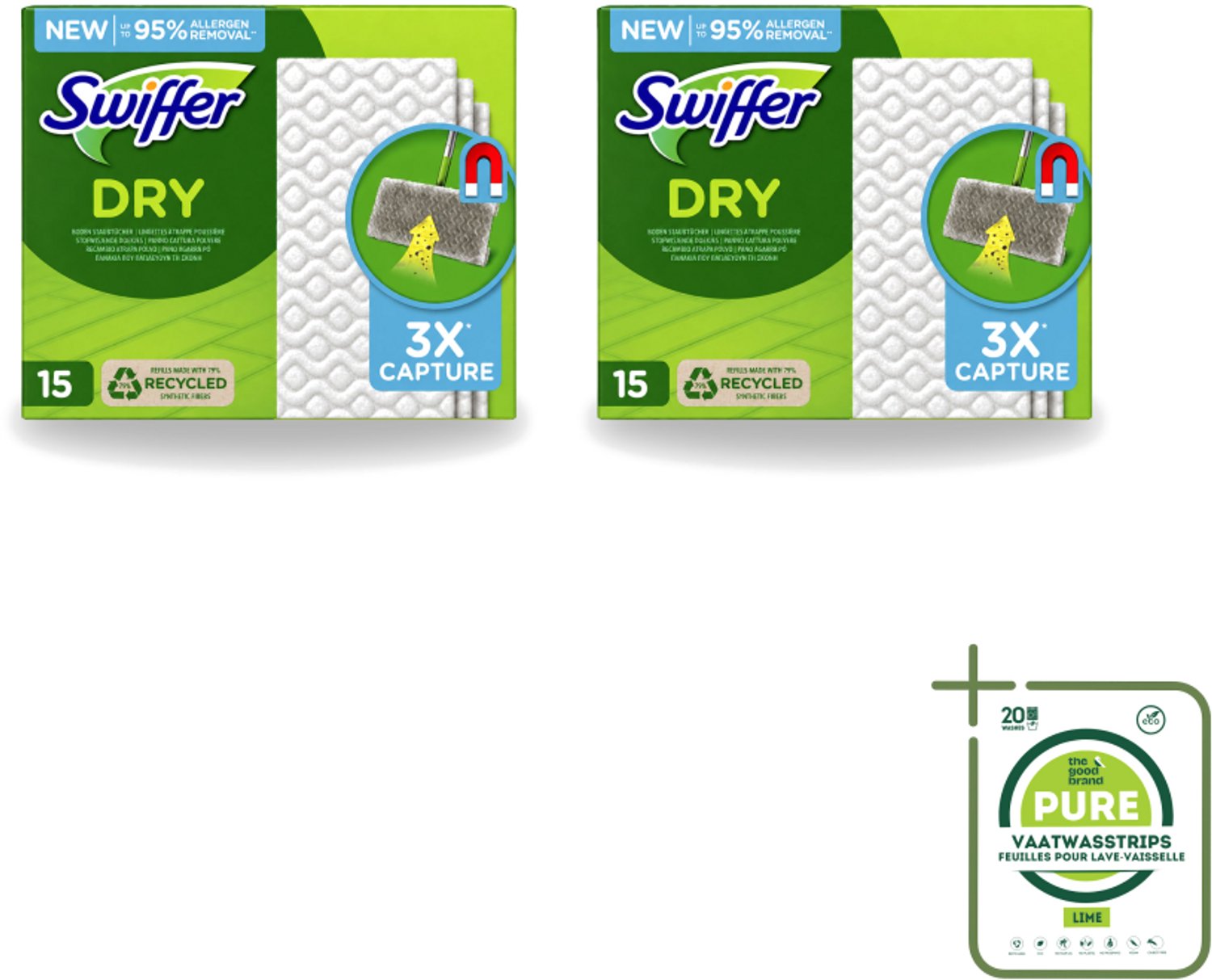 2 x Swiffer Dry - Vloerdoekjes - Navulling - Gerecyclede Fibers - 15 Doekjes - Grootverpakking - Vaatwasstrips - Stofwisdoekjes - Stof Opnemen - Stof Verwijderen - Schoonmaken - Vloer Reinigen
