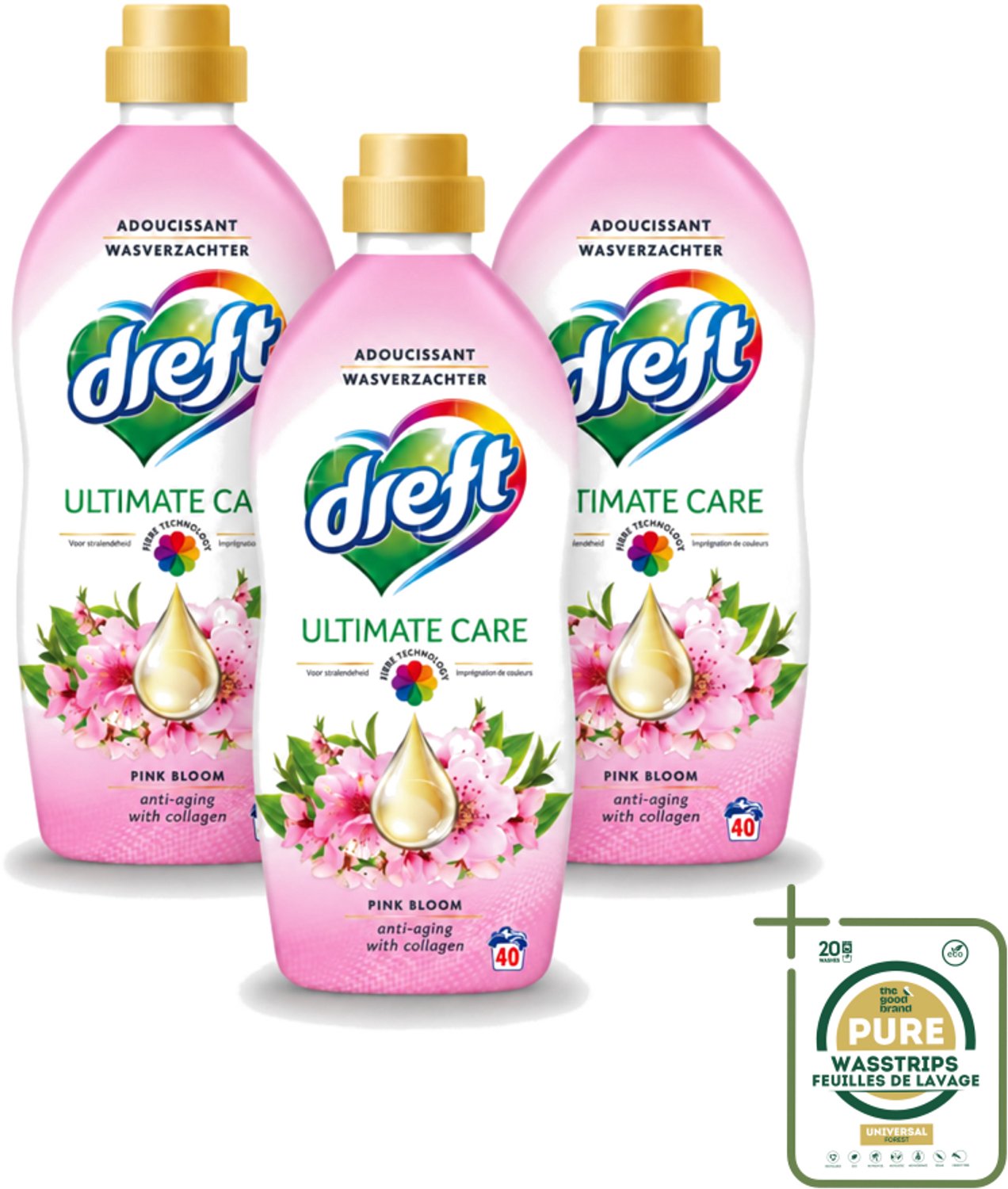 3 x Dreft - Ultimate Care - Wasverzachter - Roze Bloem - Anti-Veroudering - 40 Wasbeurten - Wasstrips - Wasverzachter - Anti-aging - Kleurbescherming - Wasgoed Verzorging - Roze Bloem Geur