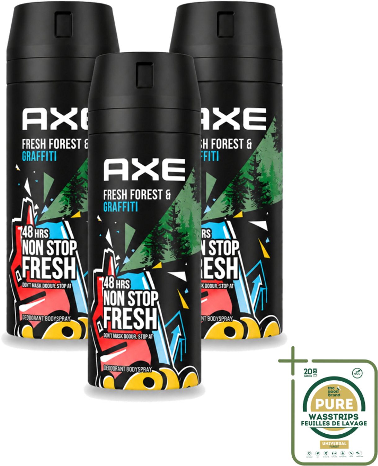 3 x Axe - Deodorant Bodyspray - 48hrs Fresh - Fresh Forest & Graffiti - 150 ml - Wasstrips - 48 Uur Bescherming - Deodorant Sprayer - Frisheid - Geur - Zweet