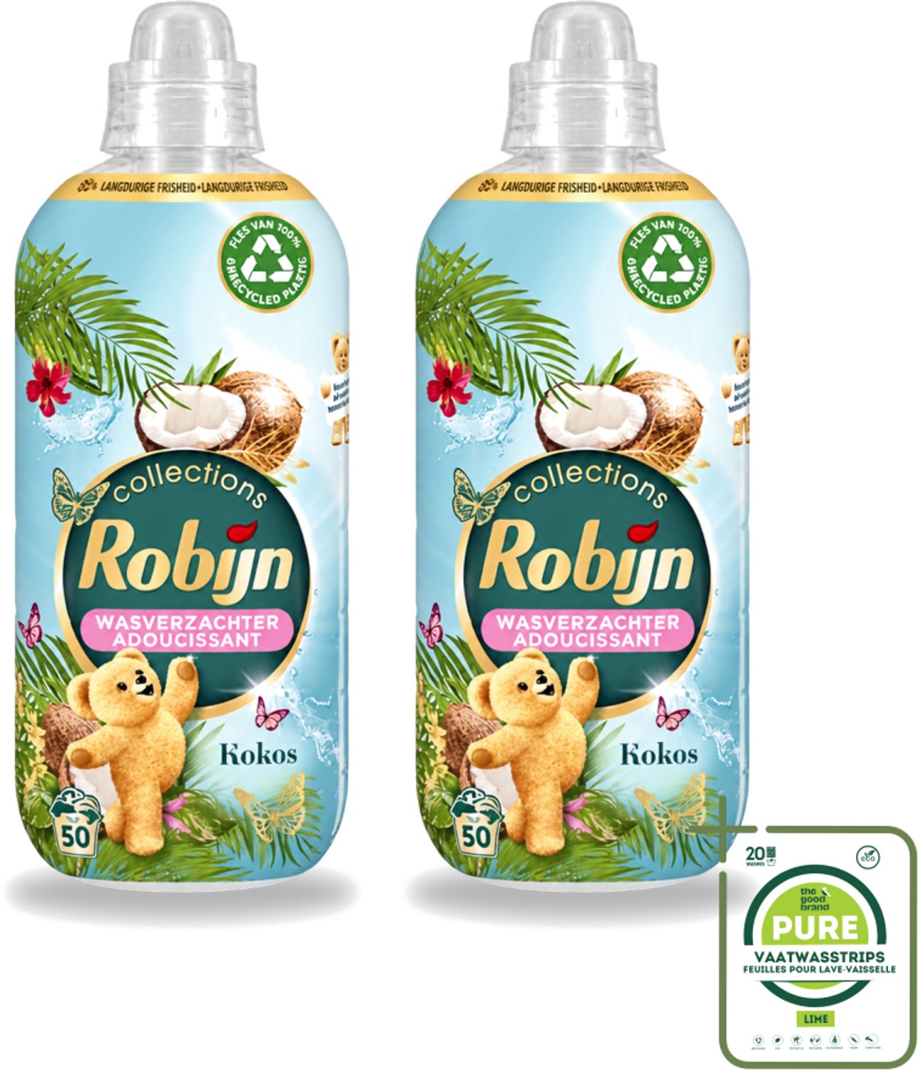 2 x Robijn Collections - Wasverzachter - Kokos - 1,25L - 50 Wasbeurten - Grootverpakking - Vaatwasstrips - Wasverzachter Kokos - Wasverzachter Voor Kleding - Kokos Geur Wasverzachter - Wasverzachter Voor Wasbeurten - Wasverzachter Met Luxe Geur
