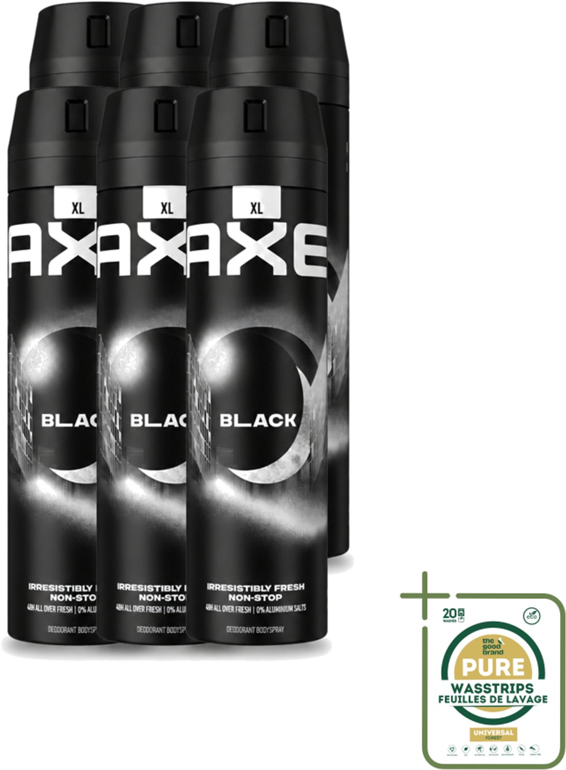 6 x Axe XL - Deodorant Bodyspray - 48hrs Fresh - Black - Frozen Pear & Cedarwood - 200 ml - Wasstrips - Deodorant - Lichaamsgeur - Frisheid - Bevroren Peer - Cederhout