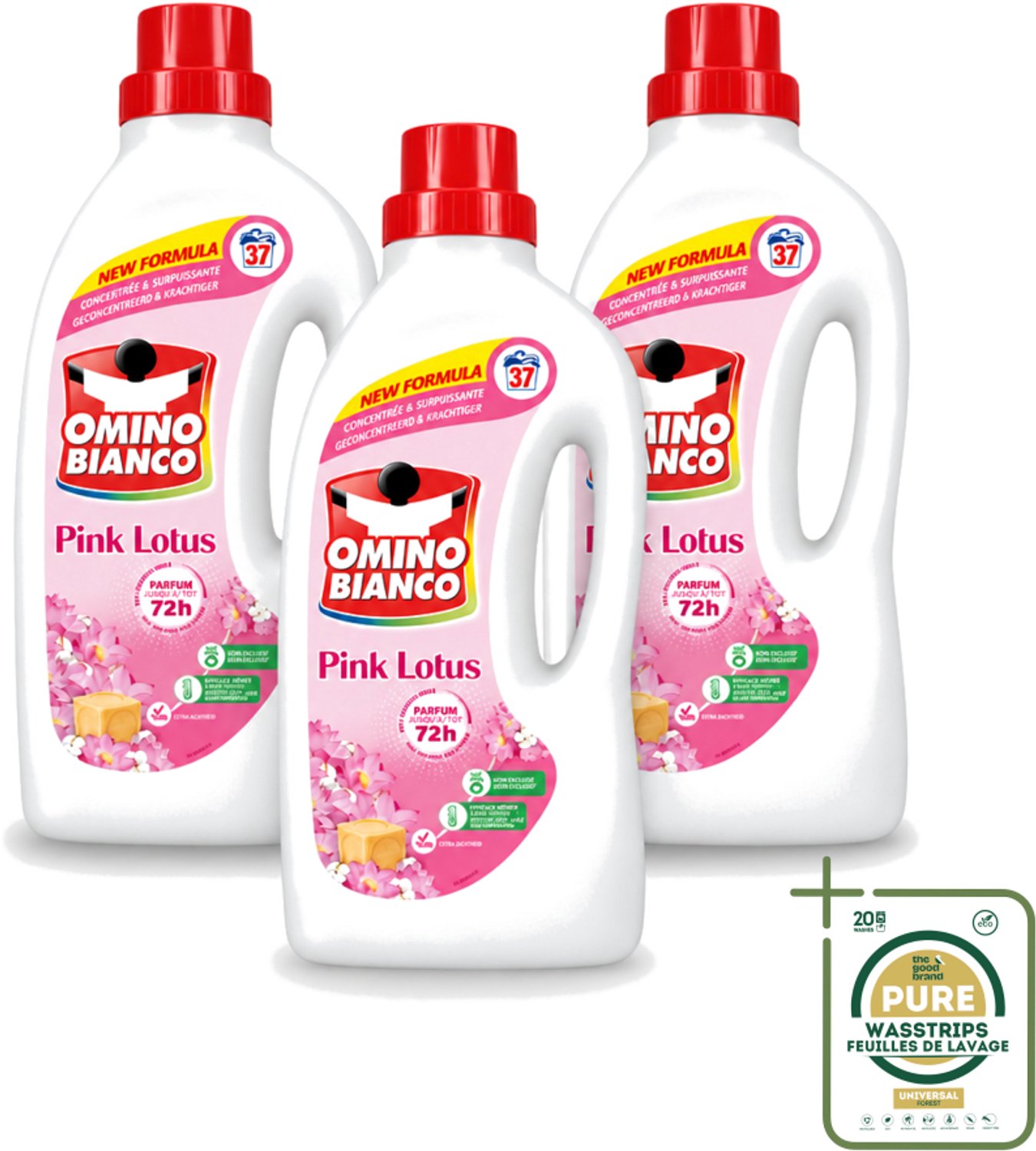 3 x Omino Bianco - Roze Lotus - Wasmiddel - Witte & Gekleurde Was - 37 Wasbeurten - Wasstrips - Wasmiddel - Wasgeur - Reiniging - Kleurbehoud - Vlekverwijdering