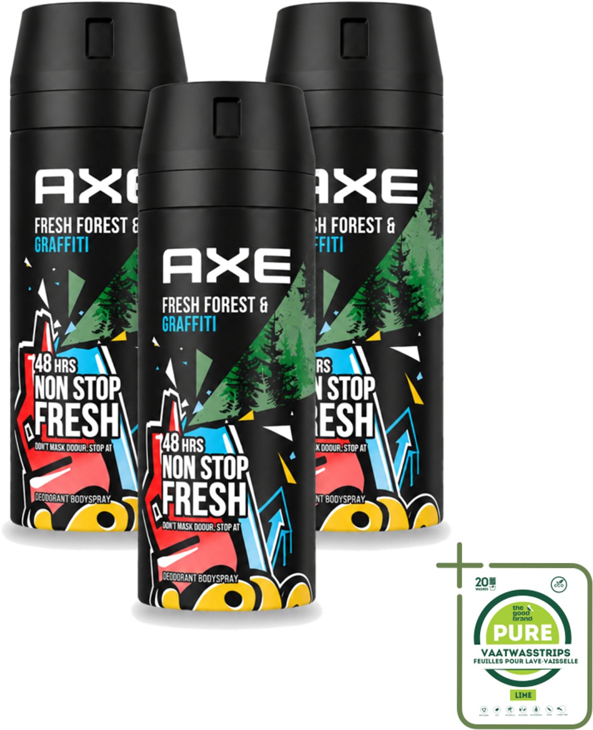 3 x Axe - Deodorant Bodyspray - 48hrs Fresh - Fresh Forest & Graffiti - 150 ml - Grootverpakking - Vaatwasstrips - 48 Uur Bescherming - Deodorant Sprayer - Frisheid - Geur - Zweet