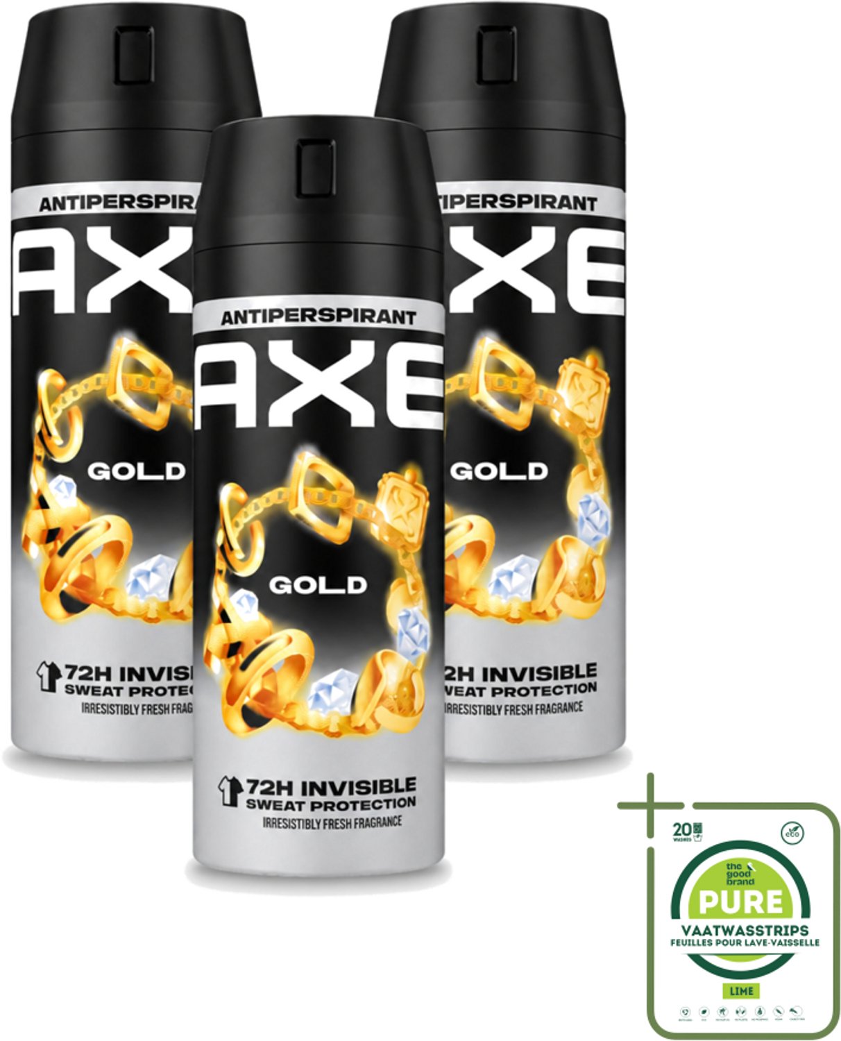 3 x Axe - Deodorant Spray - 72hrs Anti Sweat - Anti White Marks - Gold - 150 ml - Grootverpakking - Vaatwasstrips - Anti Transpirant Spray - 72 Uur Bescherming - Zweetvoorkomend - Witte Strepen Voorkomen - Oud Wood Geur
