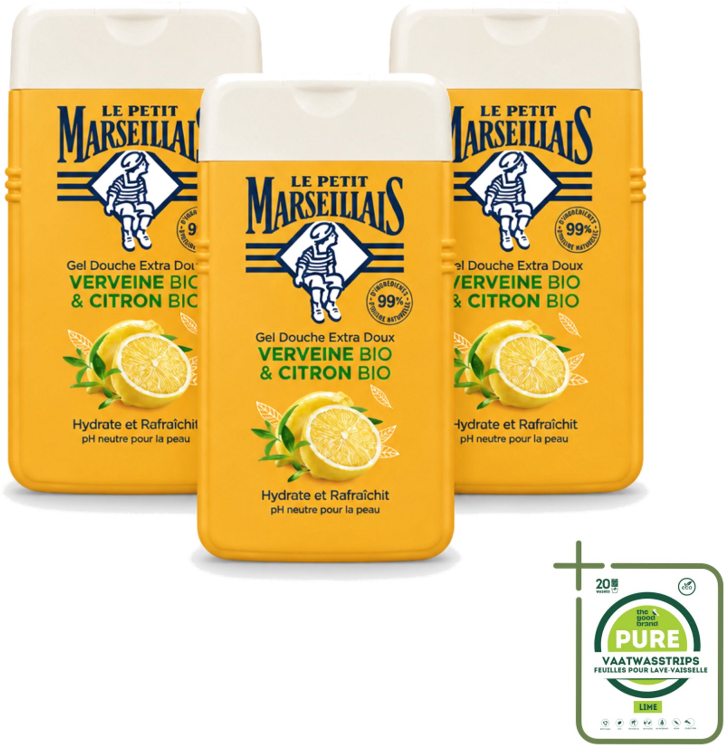 3 x Le Petit Marseillais - Douchegel - Citroen & Verbena - Hydraterend - 250ml - Grootverpakking - Vaatwasstrips - Douchegel Citroen Verbena - Hydraterende Douchegel - Citroen En Verbena - Biologische Douchegel - Neutrale PH Douchegel