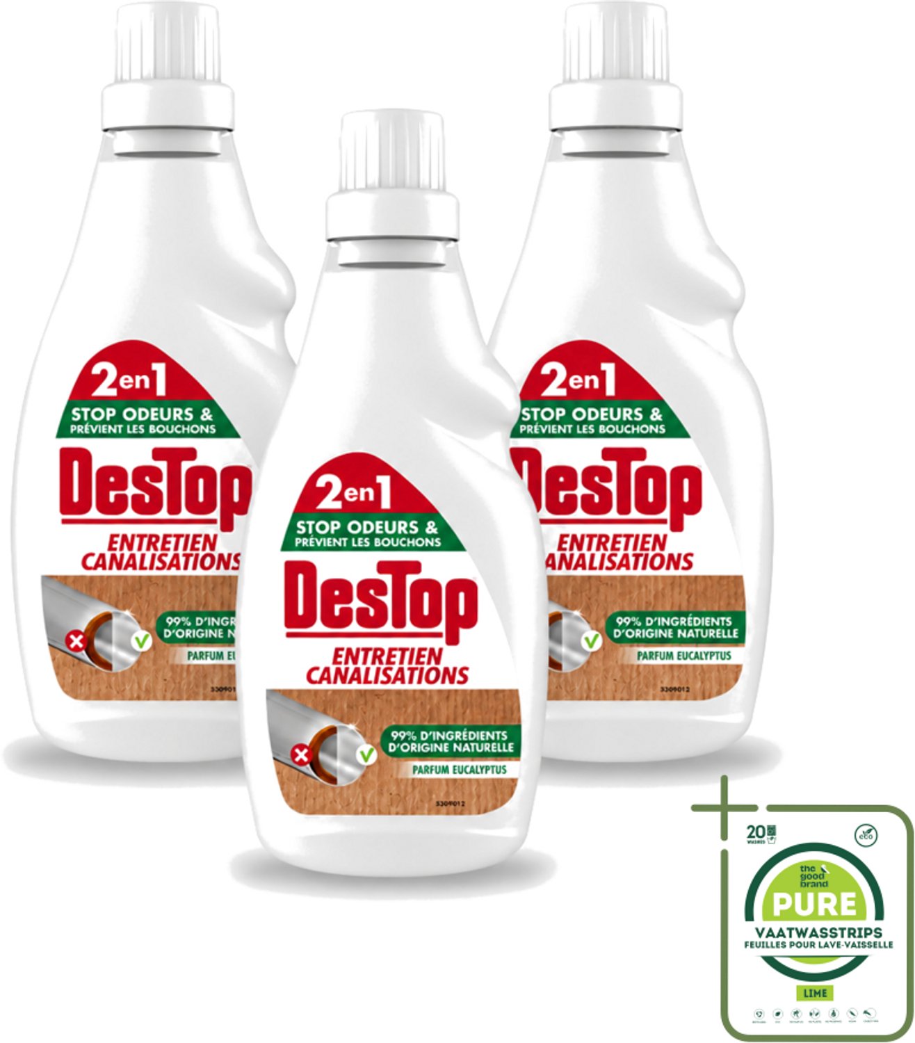 3 x DesTop - Onderhoud Leidingen - Ecologisch met Witte Azijn - Natuurlijke Ingrediënten - Eucalyptusgeur - 750 ml - Grootverpakking - Vaatwasstrips - Leidingen Onderhouden - Ecologisch Onderhoud - Witte Azijn - Natuurlijke Reiniging - Eucalyptusgeur