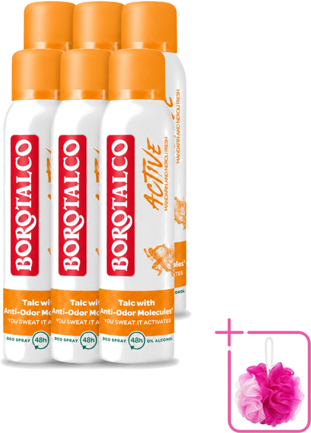 6 x Borotalco - Deodorant Spray - Active - Mandarin & Neroli Fresh - 0% Alcohol - 150 ml - Bulkverpakking - Deodorant Spray - Douchemop - Mandarijn en Neroli