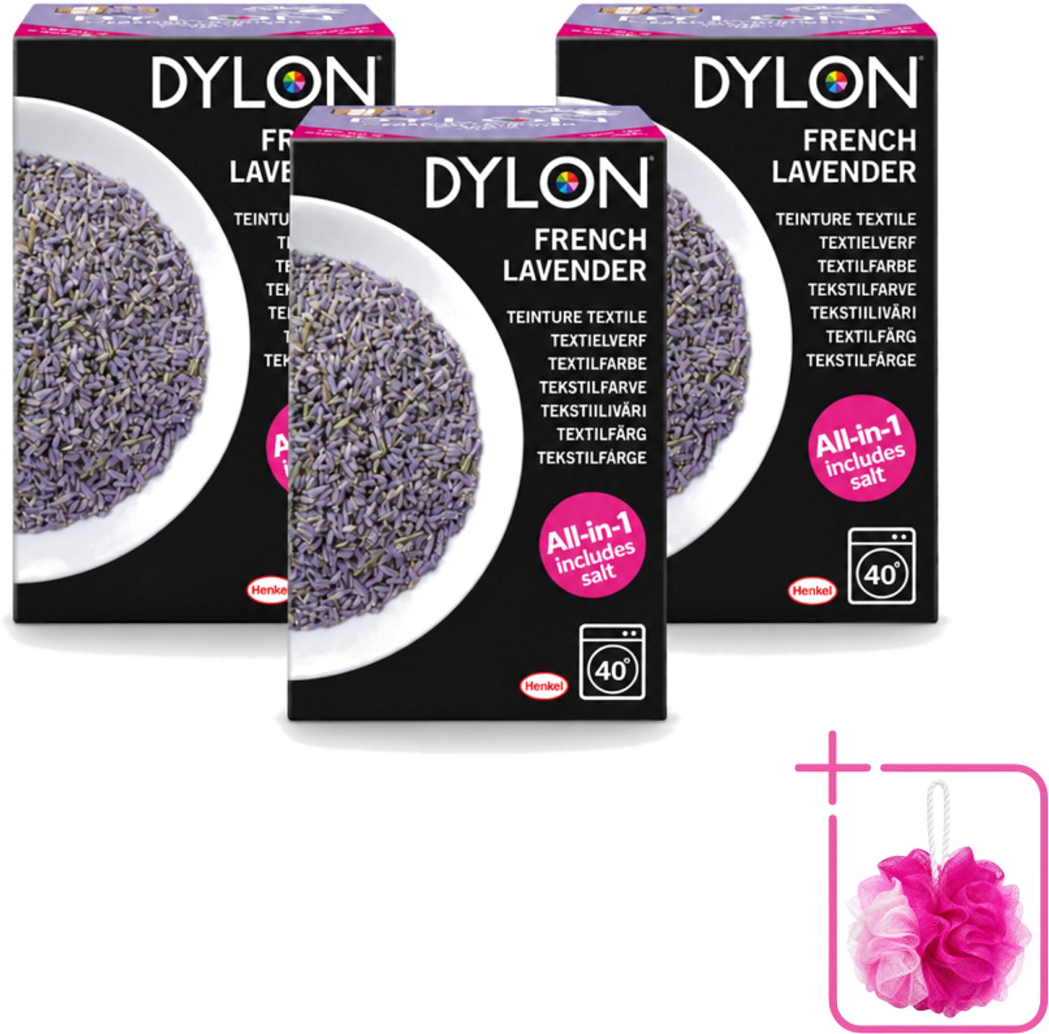 3 x Dylon - Textielverf - French Lavender - All-in-One - Inclusief Zout - 350g - Bulkverpakking - Textielverf - Douchemop - Lavendelkleur