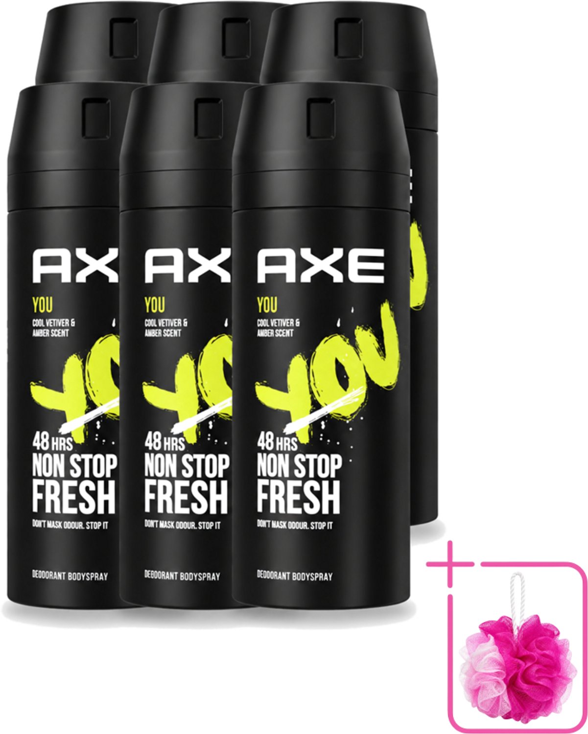 6 x Axe - Deodorant Bodyspray - 48hrs Fresh - You - Cool Vetiver & Amber - 150 ml - Bulkverpakking - 48 uur bescherming - Douchemop - Deodorant sprayer