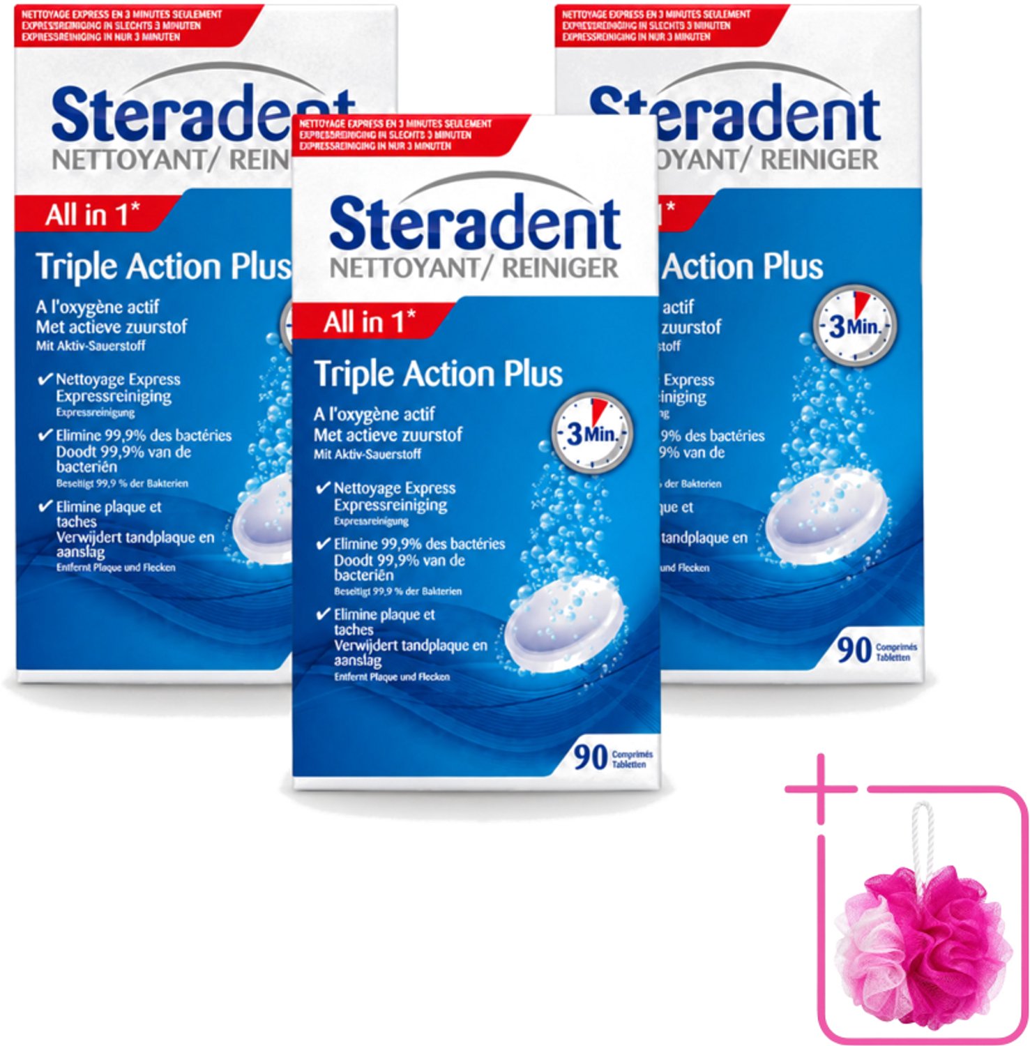 3 x Steradent - Kunstgebitreiniger - Tegen Tandplak En Aanslag - 90 Tabletten - Bulkverpakking - Kunstgebit reinigen - Douchemop - Tandplak verwijderen