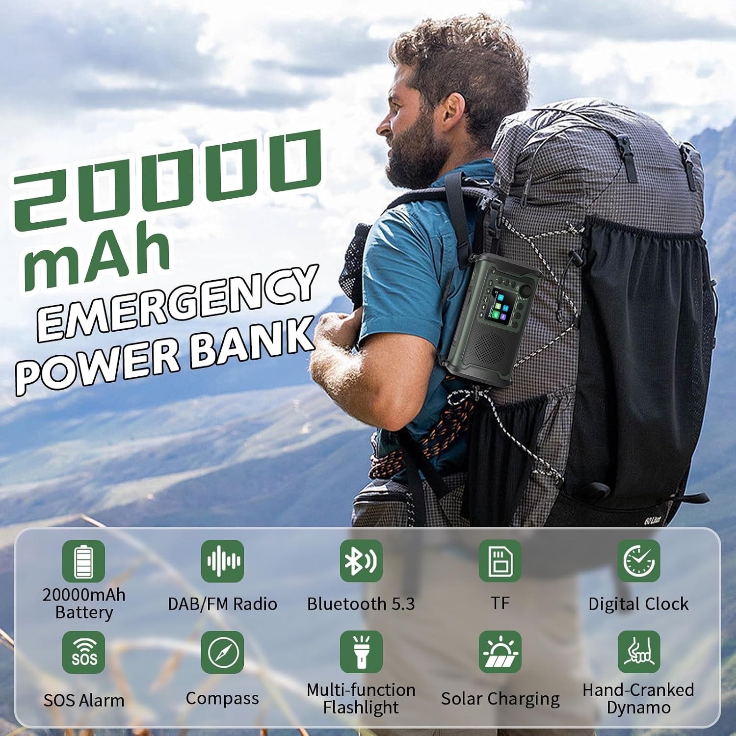 Noodradio met Powerbank - Legergroen - 20000mAh - Solar- en Zwengelradio - Voor Outdoor en Noodgebruik