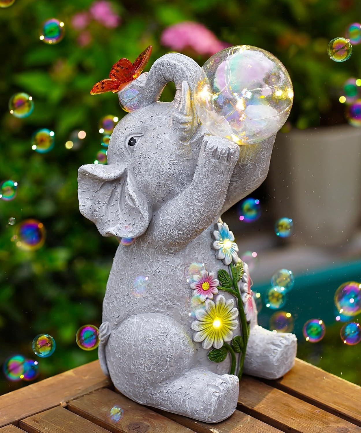 Yeomoo Elephant Statue with Solar Bubble Garden Ornaments - Outdoor Waterproof Sculpture with Butterfly Lights Garden - ShopVlot