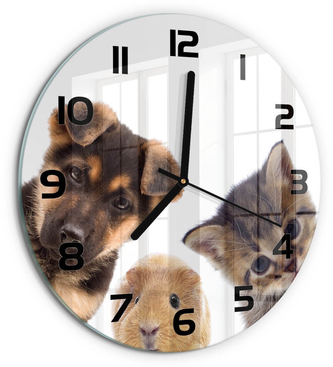 TULUP Wandklok - Huisdieren Decoratieve Glazen Klok - fi30 cm - Bruin Glazen Wandklok Design - Zwarte handen - Ronde Klok - Glazen Klok Met Print - Wandklok Glas Met Motief