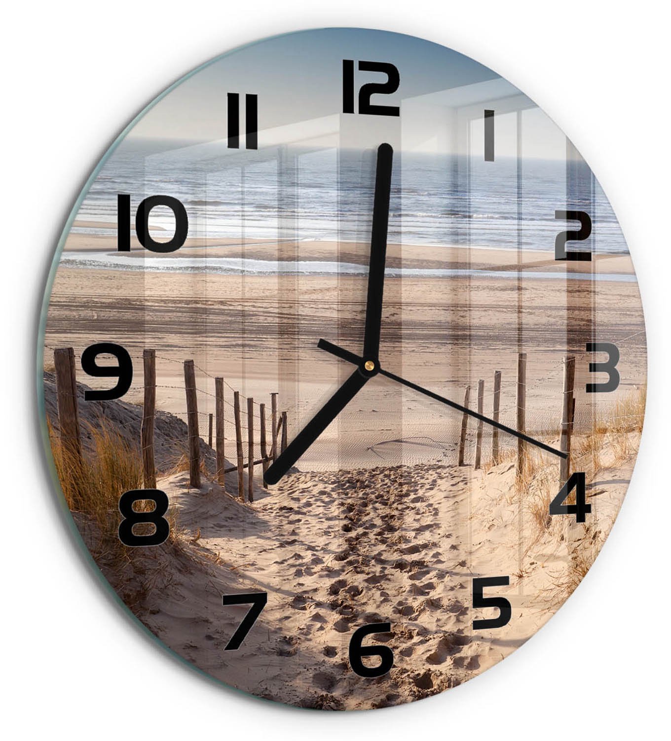 TULUP Wandklok - Kustduinen Decoratieve Glazen Klok - fi30 cm - Beige Glazen Wandklok Design - Zwarte handen - Ronde Klok - Glazen Klok Met Print - Wandklok Glas Met Motief