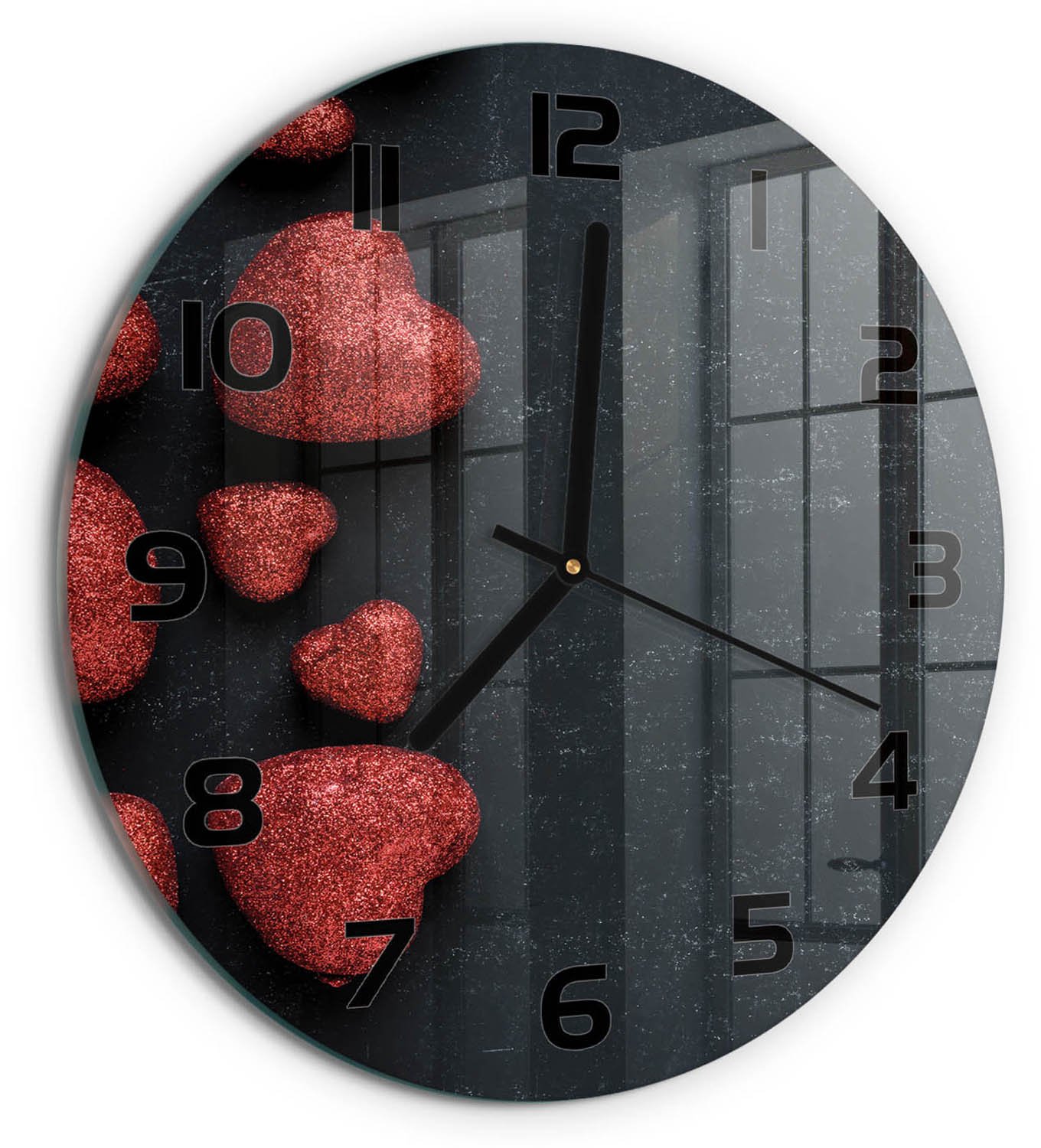 TULUP Wandklok - Harten op het bord Gekleurde Glazen Klok - fi30 cm - Rood Glazen Klok Met Print - Zwarte handen - Ronde Klok - Moderne Wandklok Glas - Wandklok Glas Decoratie