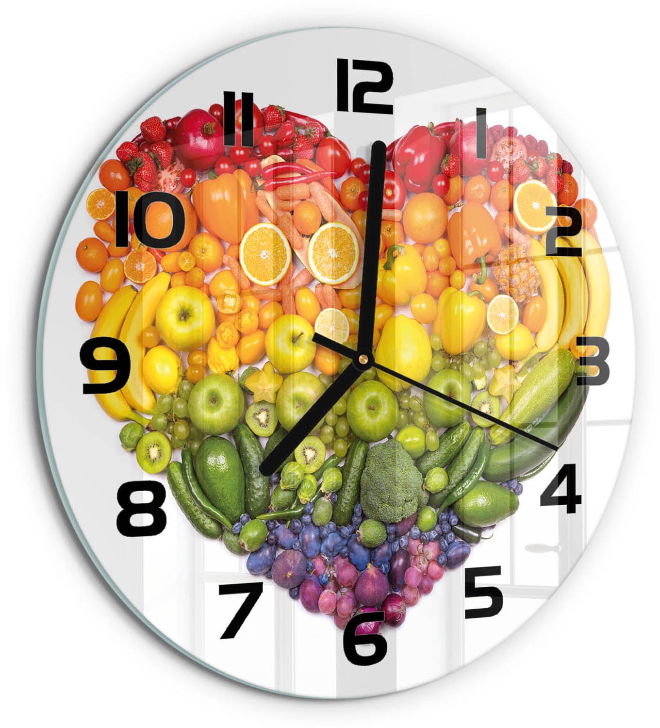 TULUP Wandklok - Groentehart Decoratieve Glazen Klok - fi30 cm - Veelkleurig Glazen Wandklok Design - Zwarte handen - Ronde Klok - Glazen Klok Met Print - Wandklok Glas Met Motief