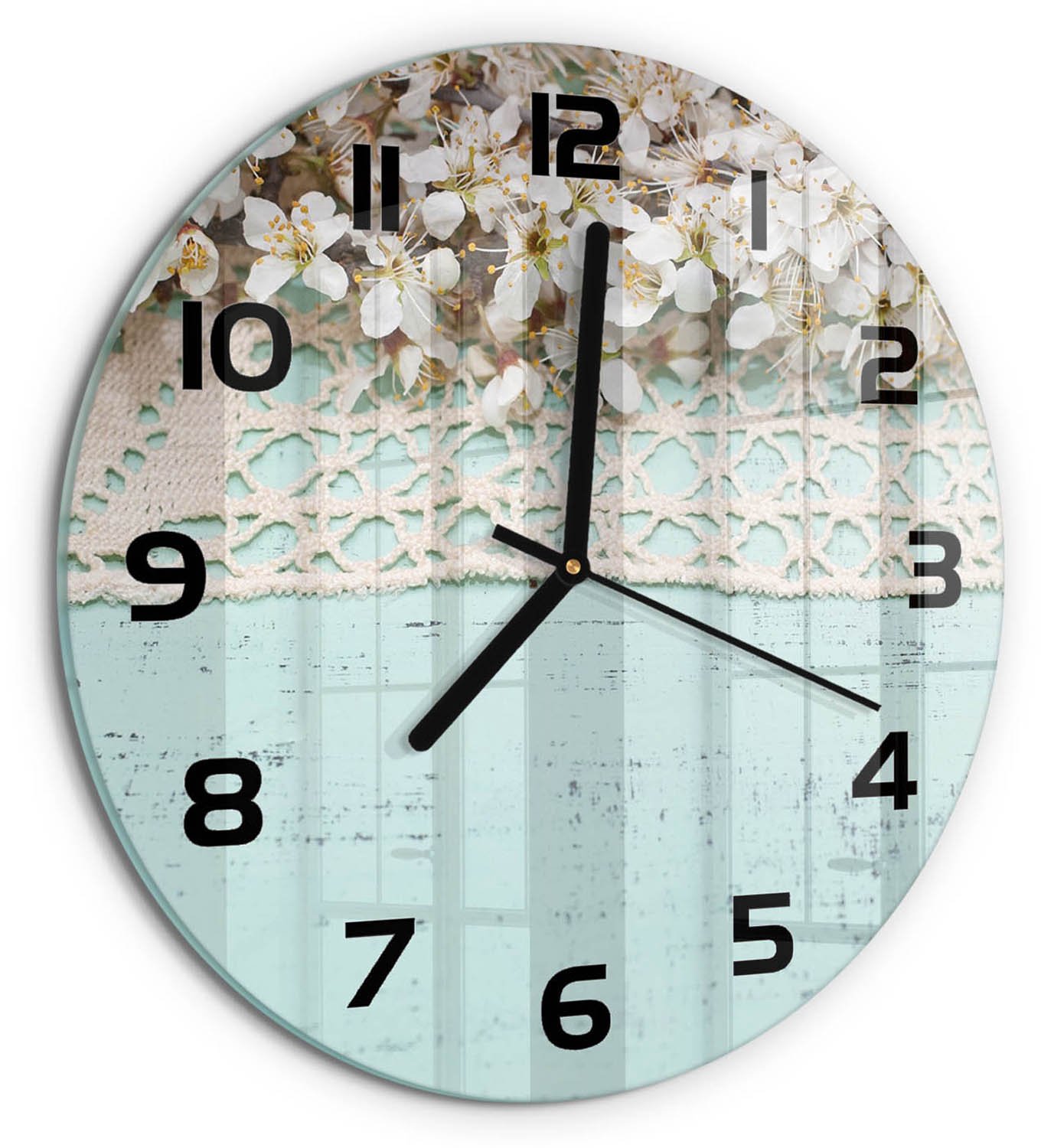 TULUP Wandklok - Kersenbloesem Glazen Wandklok Design - fi30 cm - Beige Klok Glas Met Opdruk - Zwarte handen - Ronde Klok - Wandklok Glas Met Motief - Decoratieve Glazen Klok