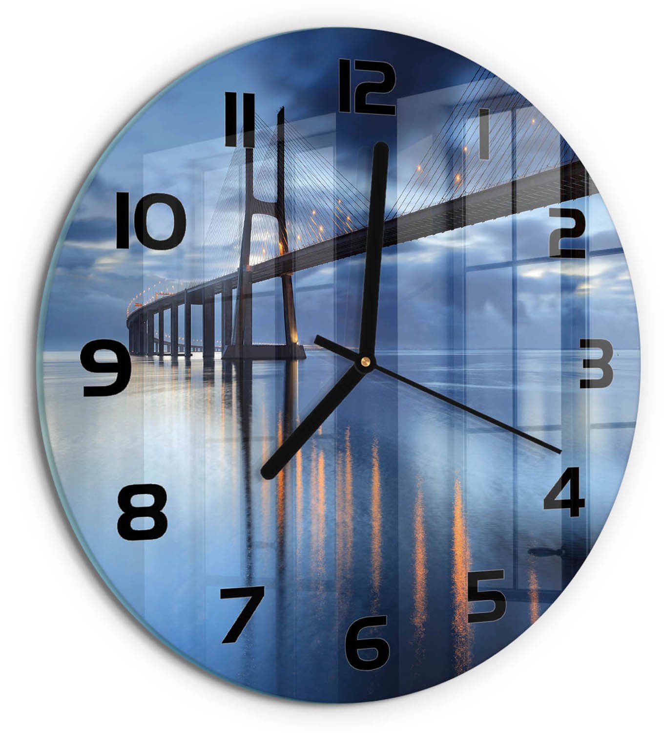 TULUP Wandklok - Verlichte Brug Glazen Klok Met Print - fi30 cm - Blauw Wandklok Glas Met Motief - Zwarte handen - Ronde Klok - Wandklok Glas Decoratie - Gekleurde Glazen Klok