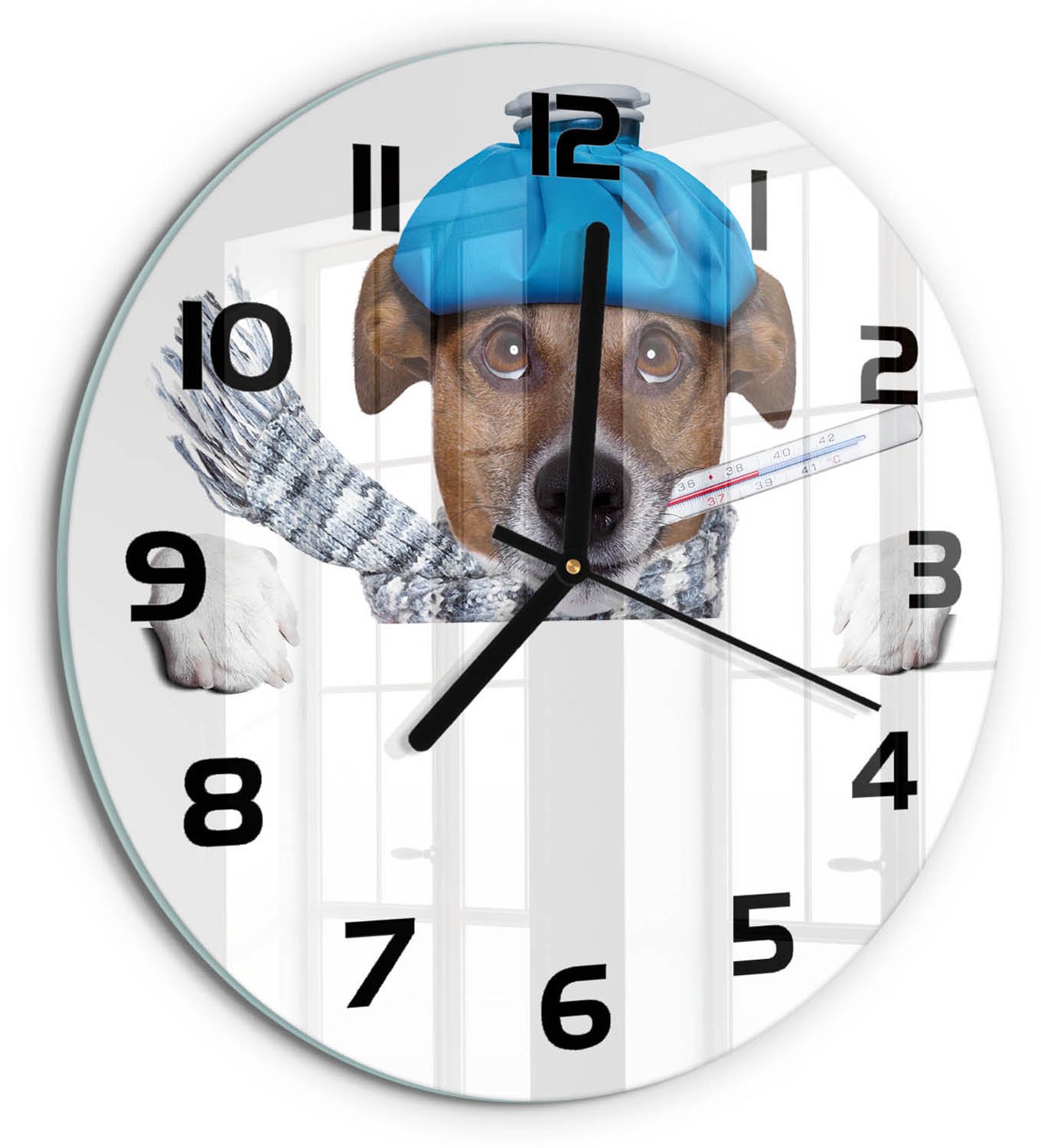 TULUP Wandklok - Zieke hond Moderne Wandklok Glas - fi30 cm - Blauw Wandklok Glas Decoratie - Zwarte handen - Ronde Klok - Glazen Wandklok Design - Klok Glas Met Opdruk