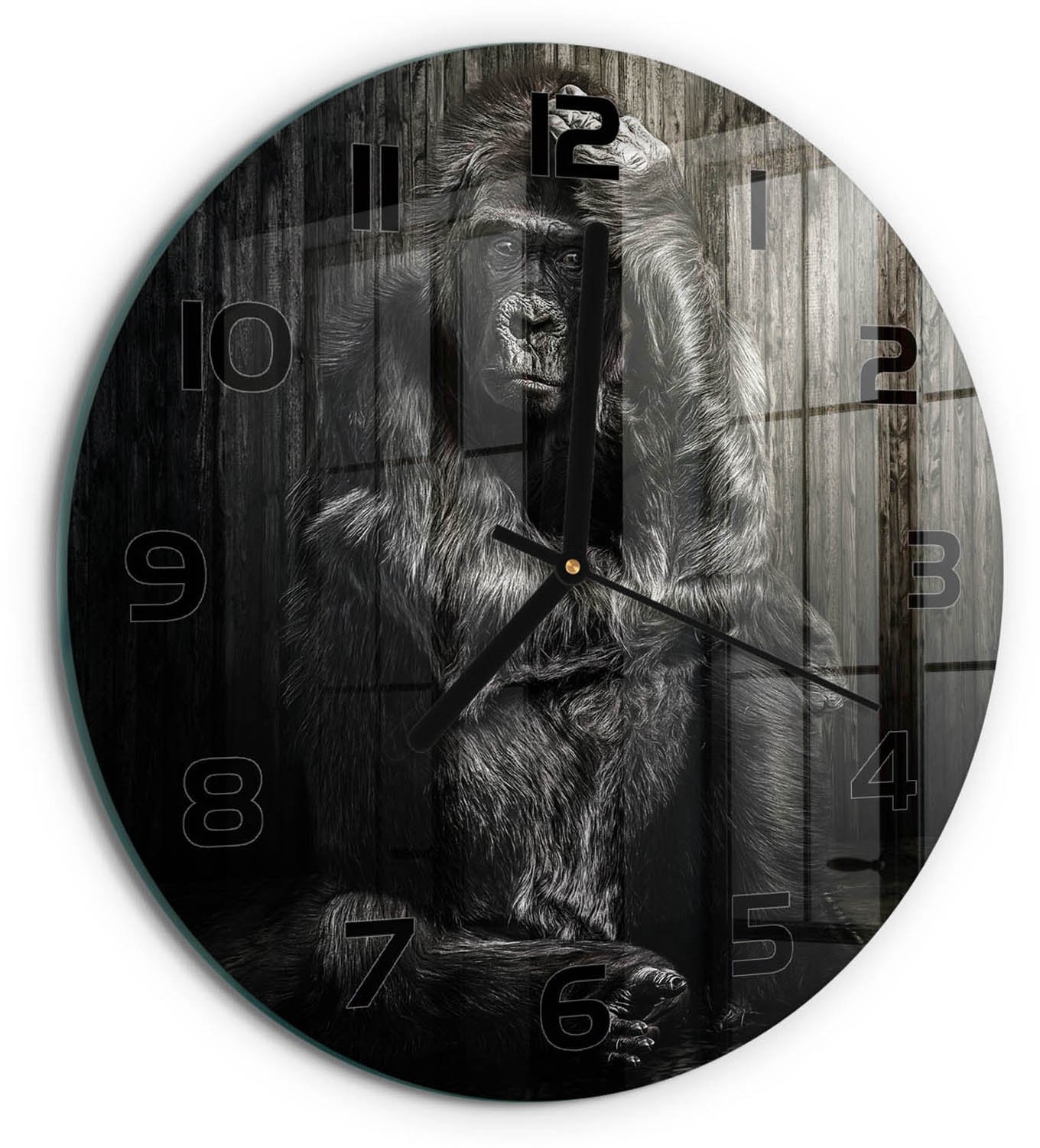 TULUP Wandklok - Gorilla Glazen Klok Met Print - fi30 cm - Zwart Wandklok Glas Met Motief - Zwarte handen - Ronde Klok - Wandklok Glas Decoratie - Gekleurde Glazen Klok