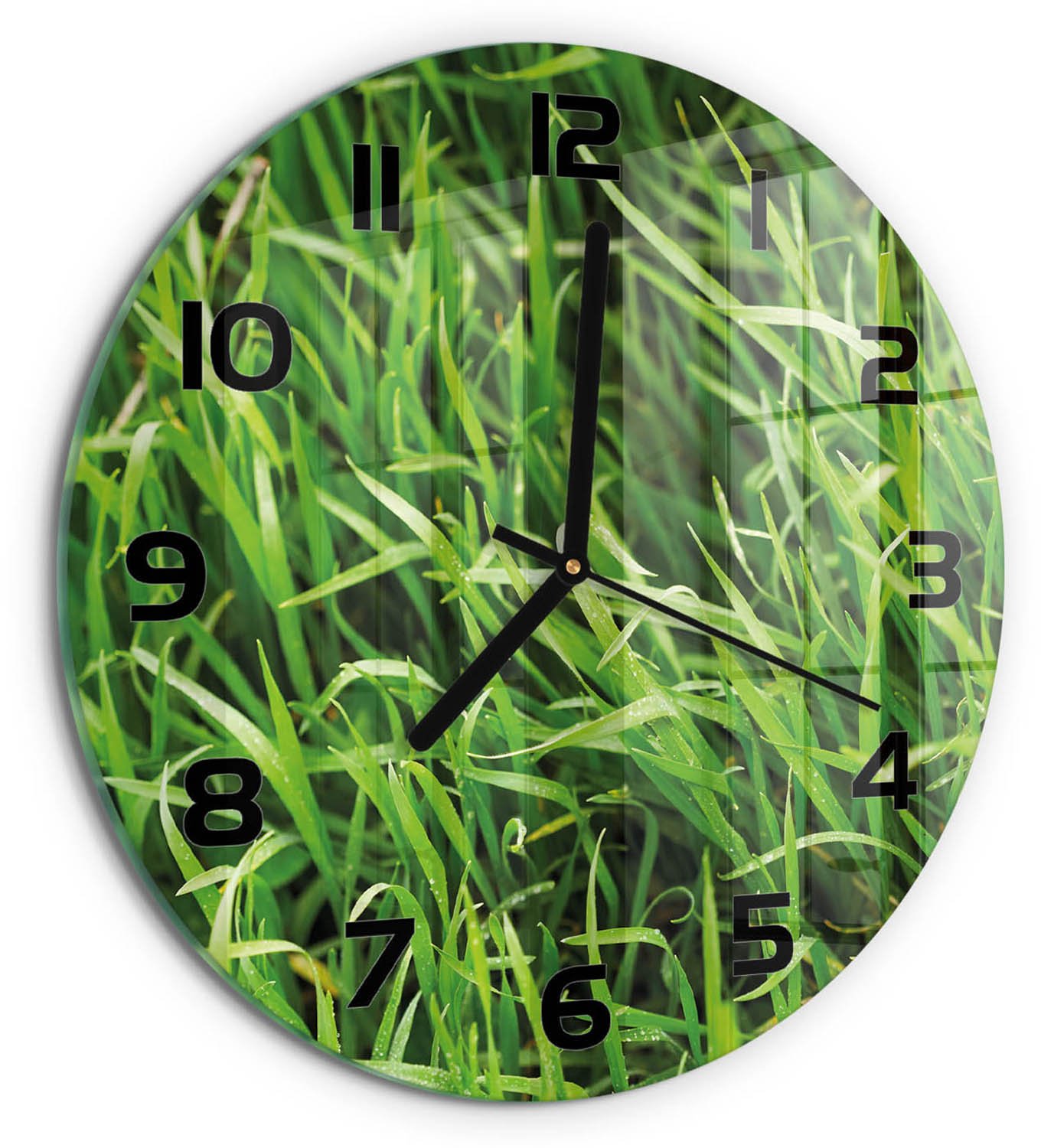 TULUP Wandklok - Gras Moderne Wandklok Glas - fi30 cm - Groente Wandklok Glas Decoratie - Zwarte handen - Ronde Klok - Glazen Wandklok Design - Klok Glas Met Opdruk