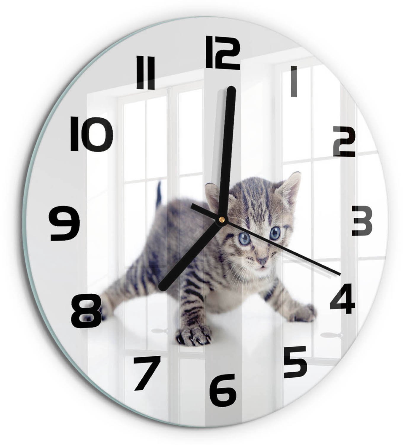TULUP Wandklok - Kleine kat Decoratieve Glazen Klok - fi30 cm - Grijs Glazen Wandklok Design - Zwarte handen - Ronde Klok - Glazen Klok Met Print - Wandklok Glas Met Motief