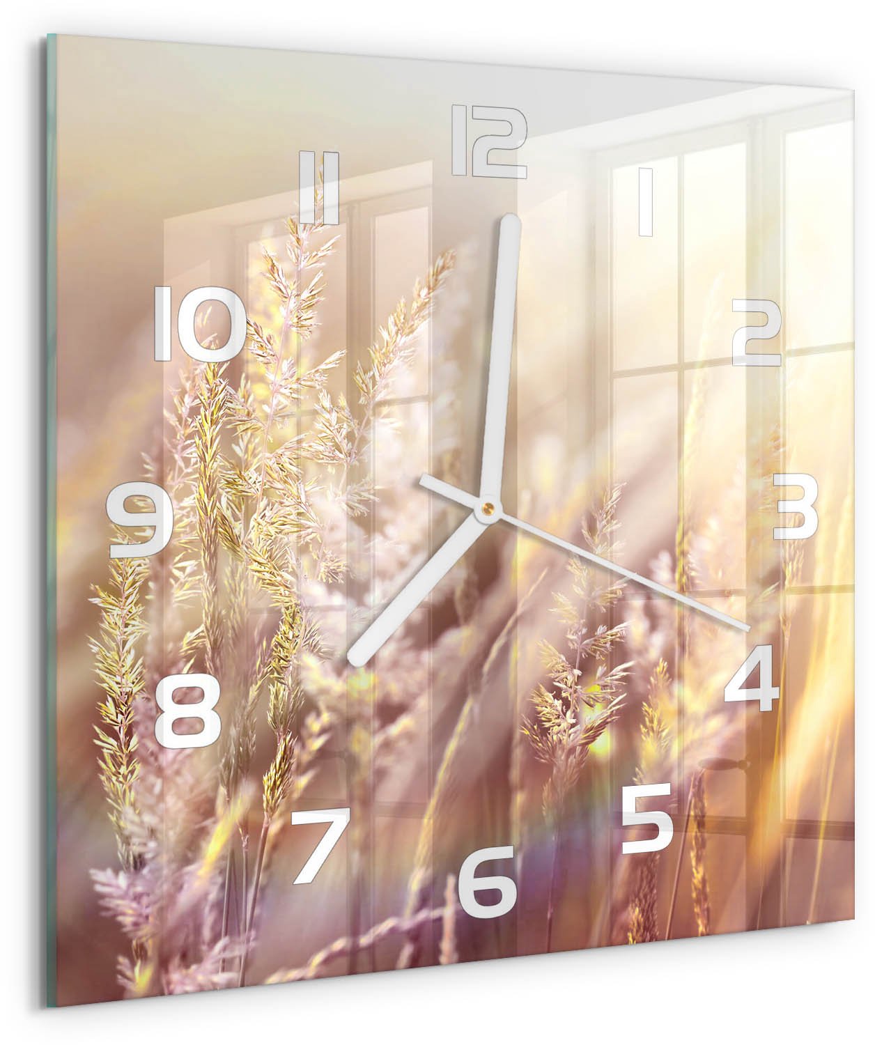 Tulup Wandklok - Hoog gras Glazen Klok Met Print - 30x30 cm - Beige Wandklok Glas Met Motief - Witte handen - Vierkante Klok - Wandklok Glas Decoratie - Gekleurde Glazen Klok