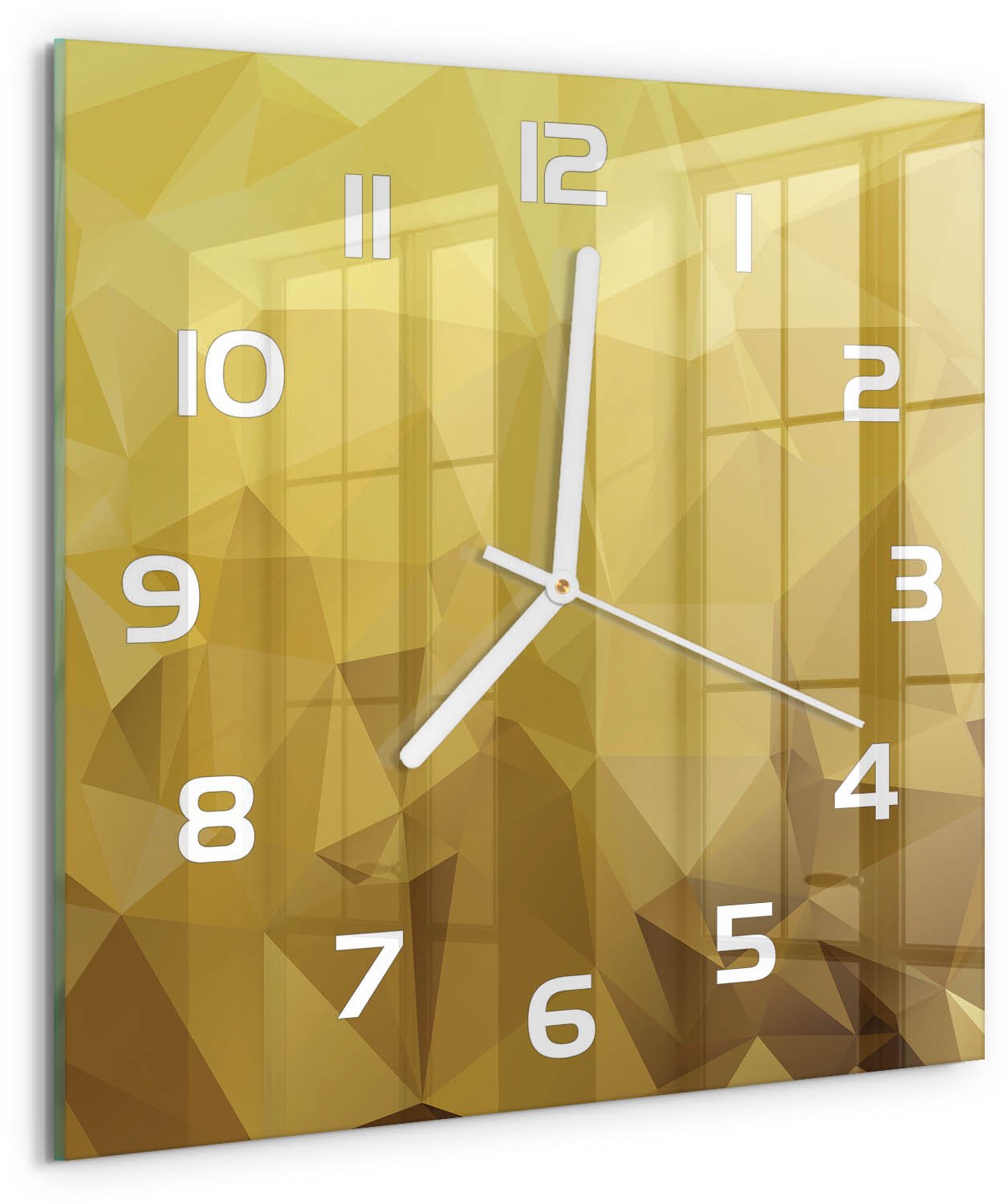 TULUP Wandklok - Abstracte achtergrond Glazen Wandklok Design - 30x30 cm - Geel Klok Glas Met Opdruk - Witte handen - Vierkante Klok - Wandklok Glas Met Motief - Decoratieve Glazen Klok