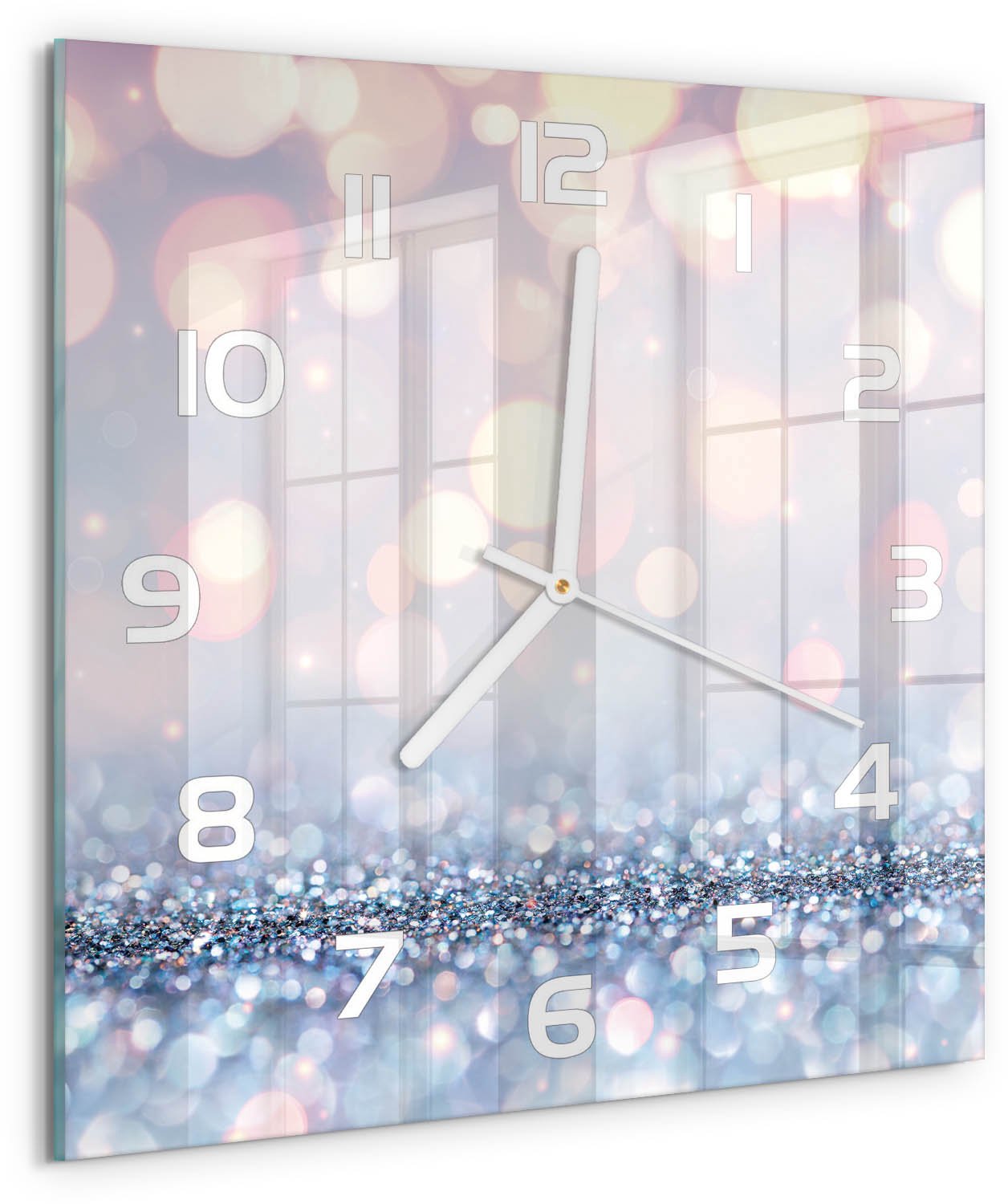 Tulup Wandklok - Glanzende achtergrond Wandklok Glas Met Motief - 30x30 cm - Zilver Decoratieve Glazen Klok - Witte handen - Vierkante Klok - Gekleurde Glazen Klok - Glazen Klok Met Print