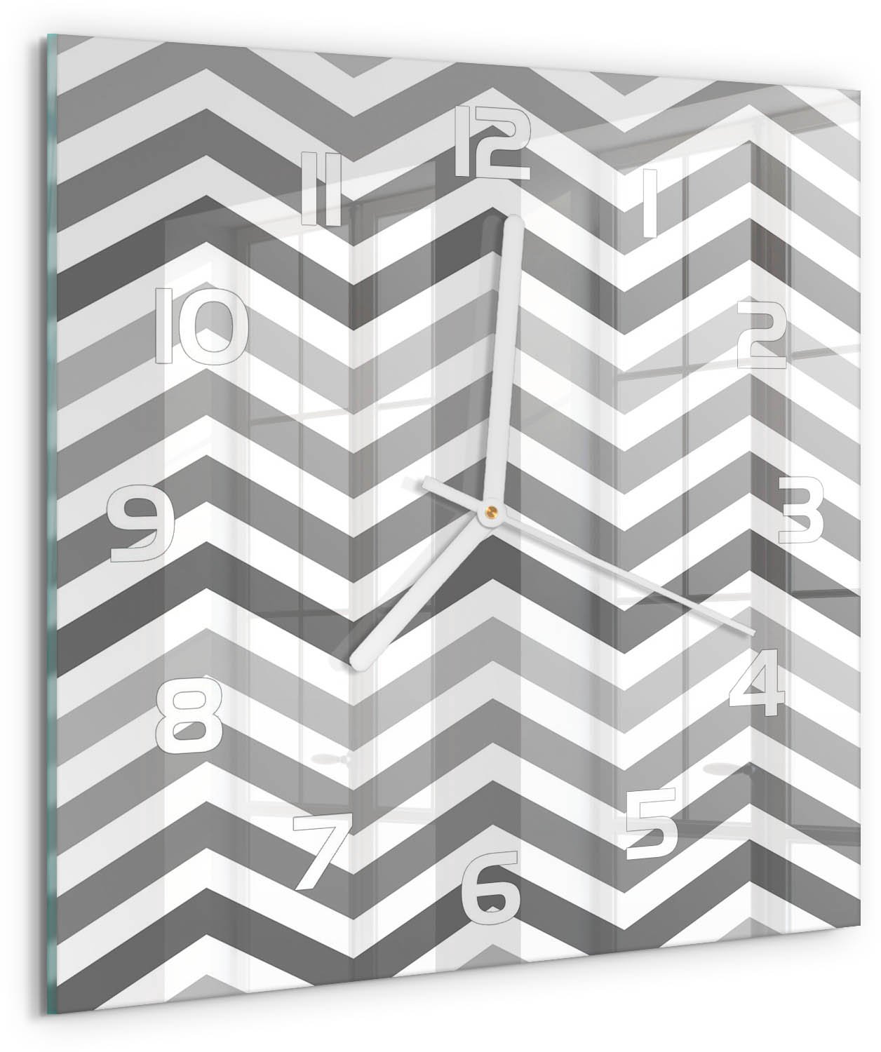 TULUP Wandklok - Grijze zigzag Gekleurde Glazen Klok - 30x30 cm - Grijs Glazen Klok Met Print - Witte handen - Vierkante Klok - Moderne Wandklok Glas - Wandklok Glas Decoratie