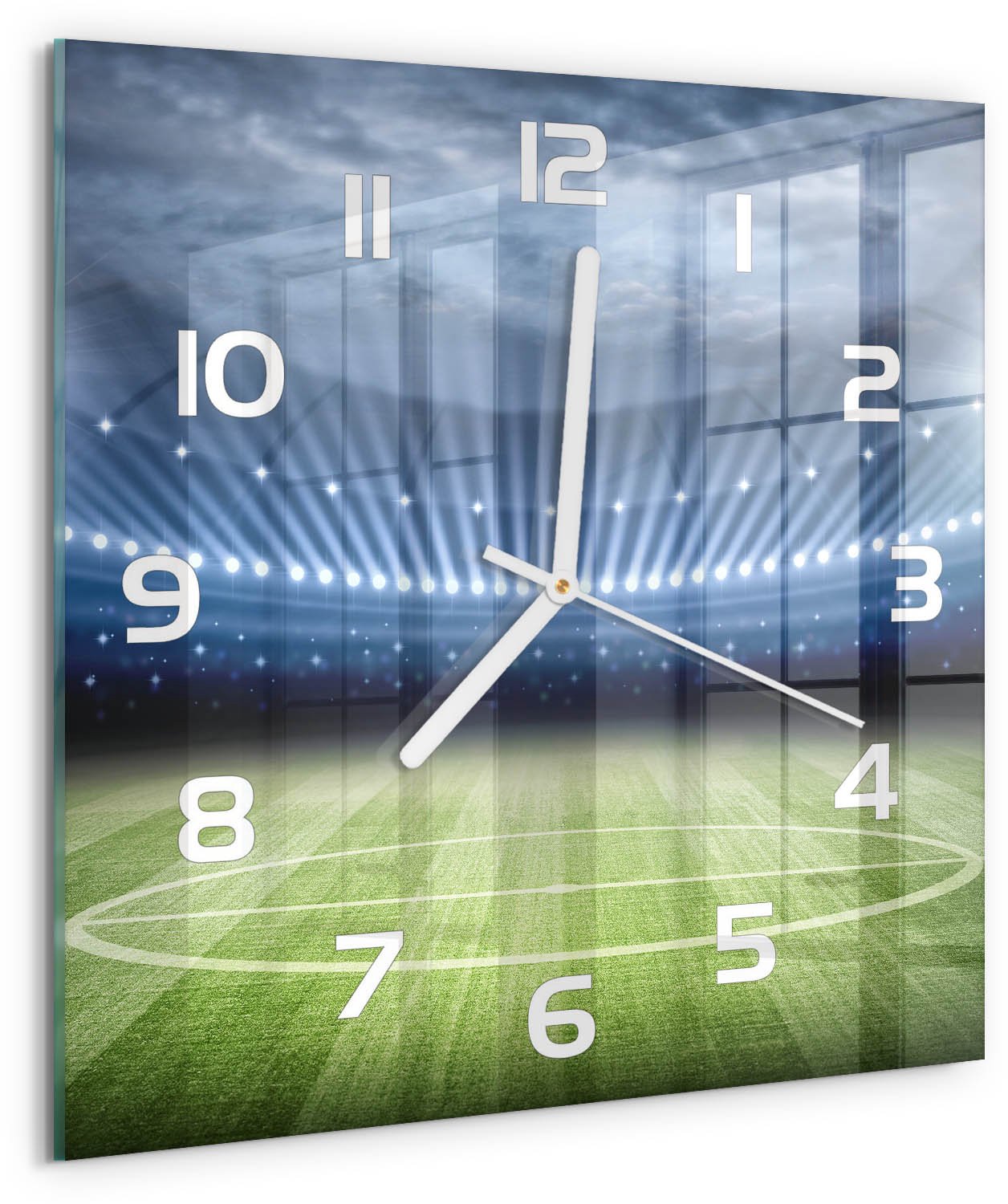TULUP Wandklok - Stadion Glazen Klok Met Print - 30x30 cm - Groente Wandklok Glas Met Motief - Witte handen - Vierkante Klok - Wandklok Glas Decoratie - Gekleurde Glazen Klok
