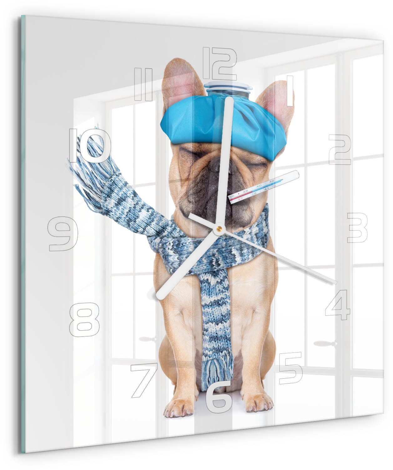 Tulup Wandklok - Zieke hond Moderne Wandklok Glas - 30x30 cm - Blauw Wandklok Glas Decoratie - Witte handen - Vierkante Klok - Glazen Wandklok Design - Klok Glas Met Opdruk
