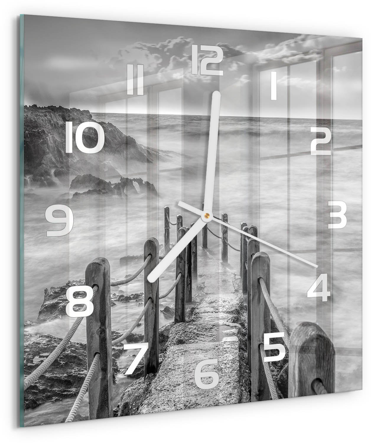 Tulup Wandklok - Pad langs de zee Klok Glas Met Opdruk - 30x30 cm - Zwart-wit Moderne Wandklok Glas - Witte handen - Vierkante Klok - Decoratieve Glazen Klok - Glazen Wandklok Design