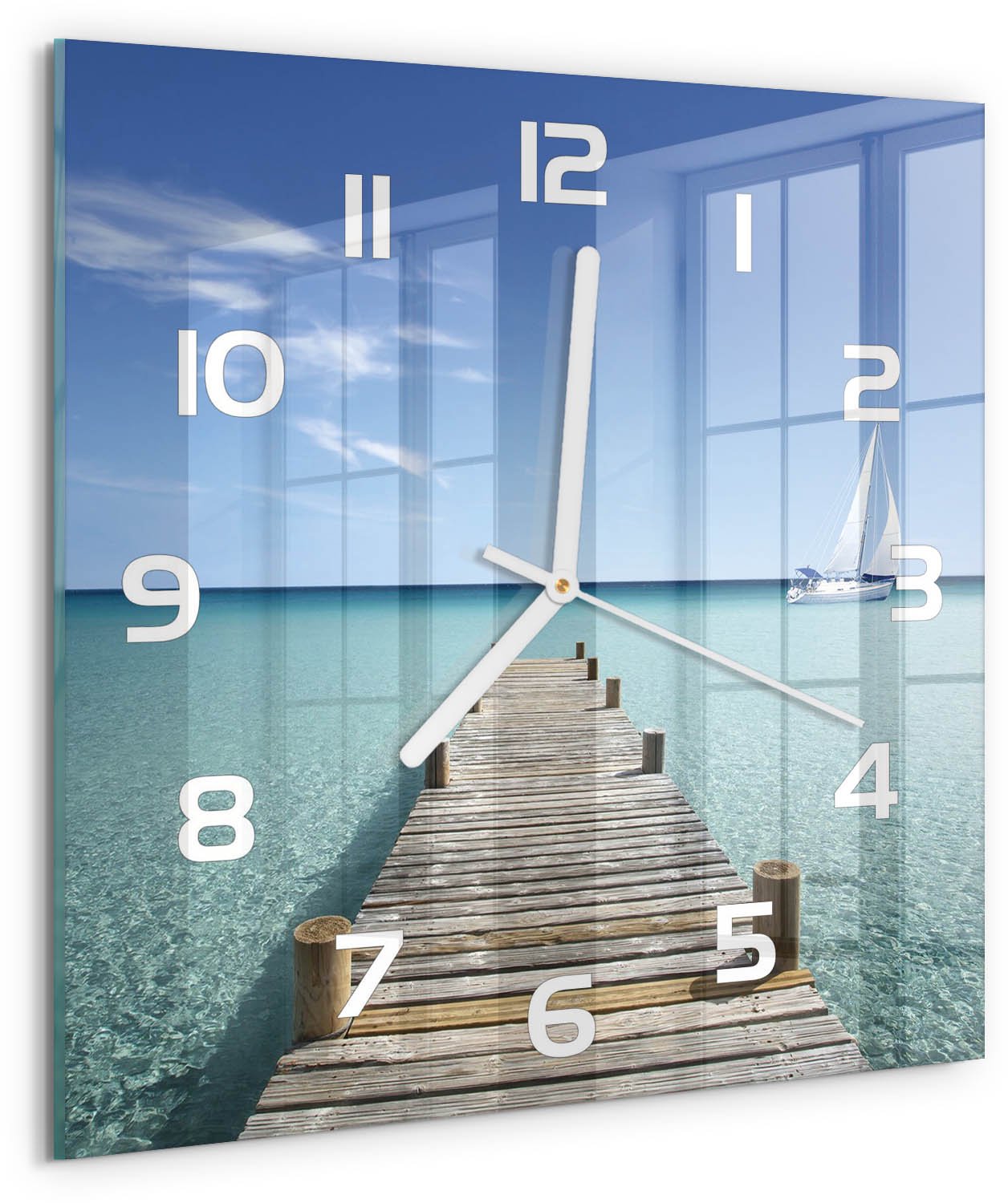 Tulup Wandklok - Houten brug Wandklok Glas Met Motief - 30x30 cm - Blauw Decoratieve Glazen Klok - Witte handen - Vierkante Klok - Gekleurde Glazen Klok - Glazen Klok Met Print