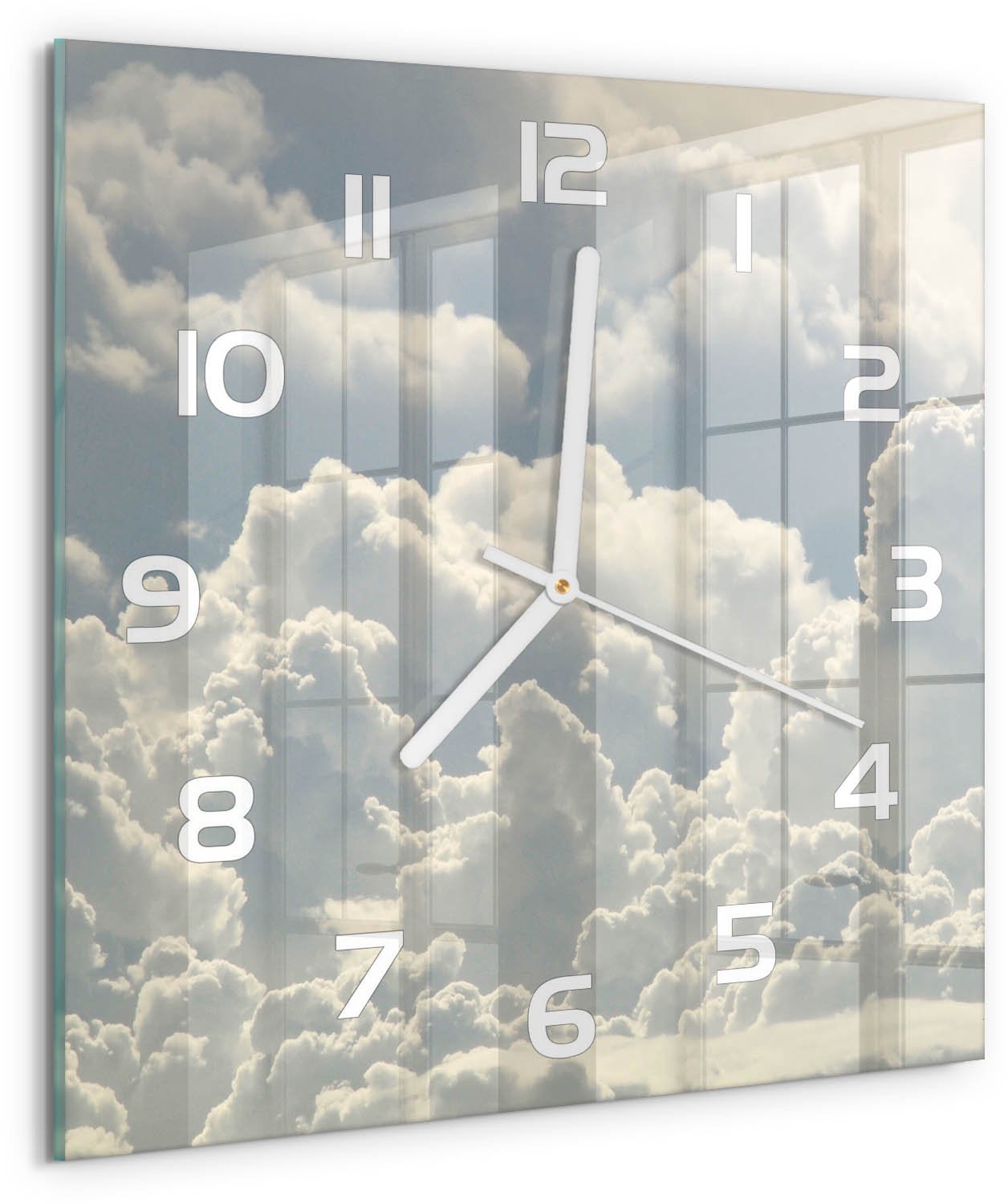 Tulup Wandklok - Wolken Wandklok Glas Met Motief - 30x30 cm - Wit Decoratieve Glazen Klok - Witte handen - Vierkante Klok - Gekleurde Glazen Klok - Glazen Klok Met Print