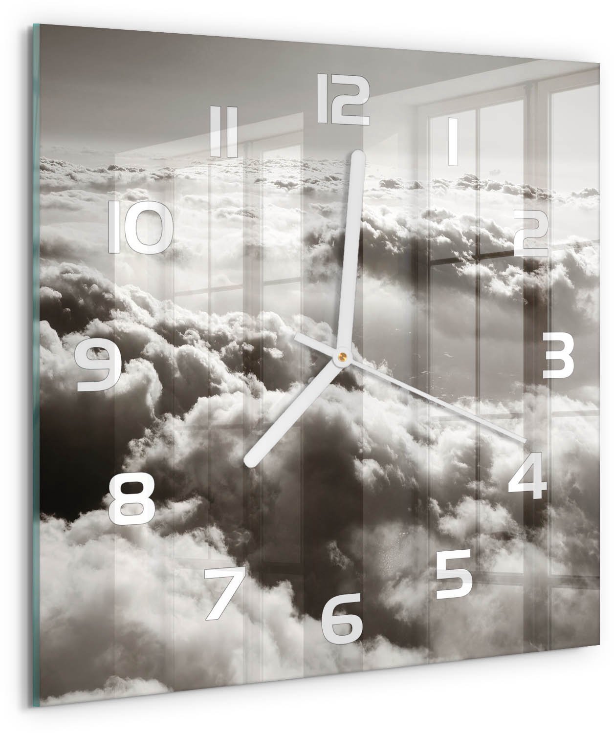 Tulup Wandklok - Wolken gezien vanuit vogelperspectief Wandklok Glas Decoratie - 30x30 cm - Zwart-wit Gekleurde Glazen Klok - Witte handen - Vierkante Klok - Klok Glas Met Opdruk - Moderne Wandklok Glas