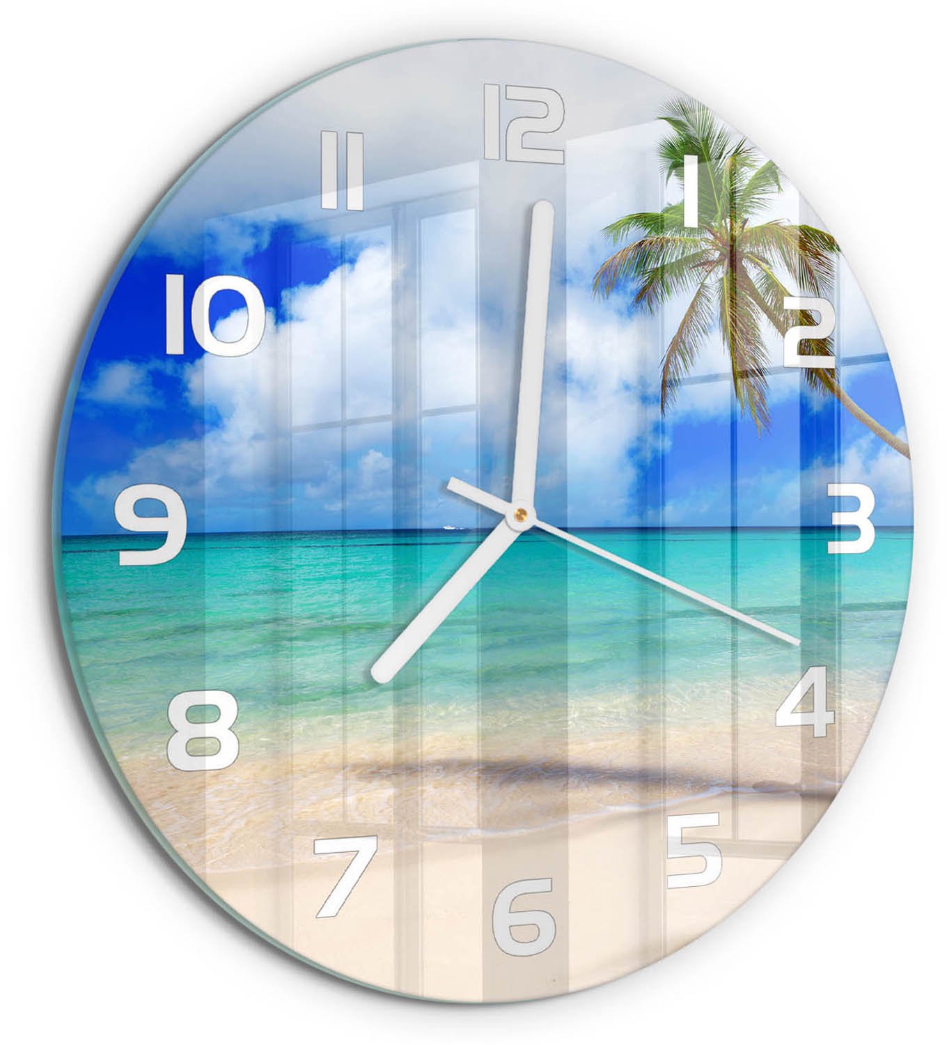 TULUP Wandklok - Caribisch strand Glazen Wandklok Design - fi30 cm - Blauw Klok Glas Met Opdruk - Witte handen - Ronde Klok - Wandklok Glas Met Motief - Decoratieve Glazen Klok