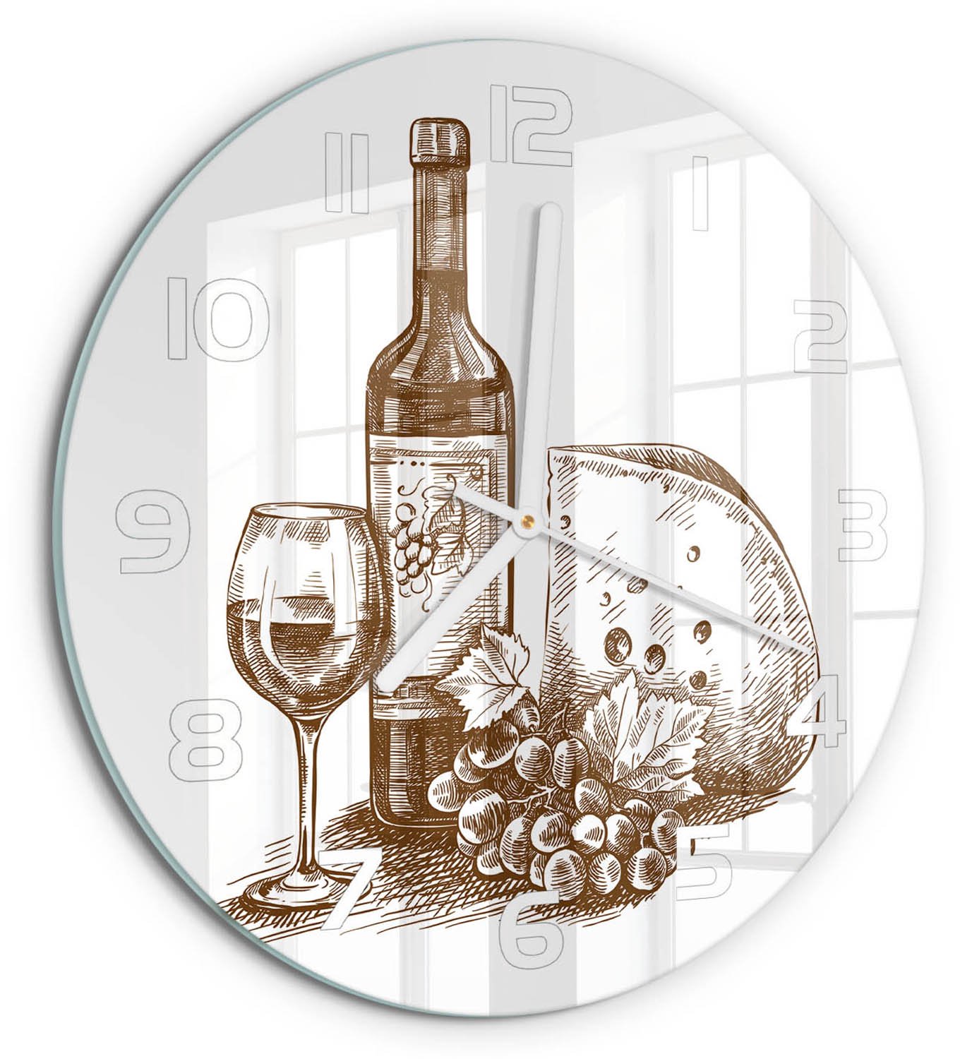 TULUP Wandklok - Wijn en hapjes Glazen Wandklok Design - fi30 cm - Zwart-wit Klok Glas Met Opdruk - Witte handen - Ronde Klok - Wandklok Glas Met Motief - Decoratieve Glazen Klok