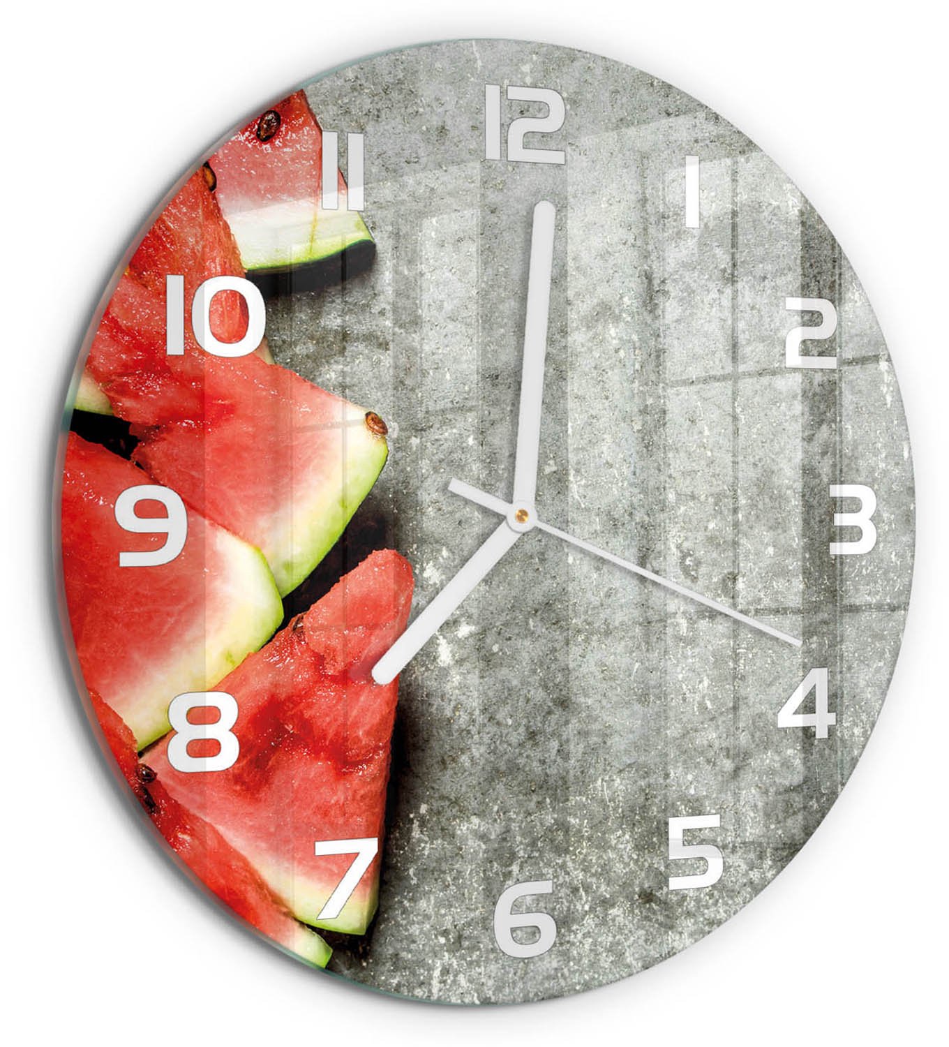TULUP Wandklok - Gesneden watermeloen Gekleurde Glazen Klok - fi30 cm - Rood Glazen Klok Met Print - Witte handen - Ronde Klok - Moderne Wandklok Glas - Wandklok Glas Decoratie