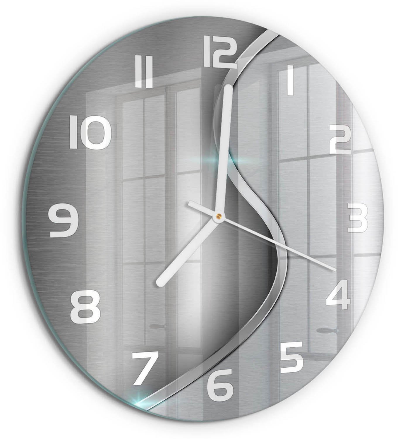 TULUP Wandklok - Metaalabstractie Klok Glas Met Opdruk - fi30 cm - Zilver Moderne Wandklok Glas - Witte handen - Ronde Klok - Decoratieve Glazen Klok - Glazen Wandklok Design