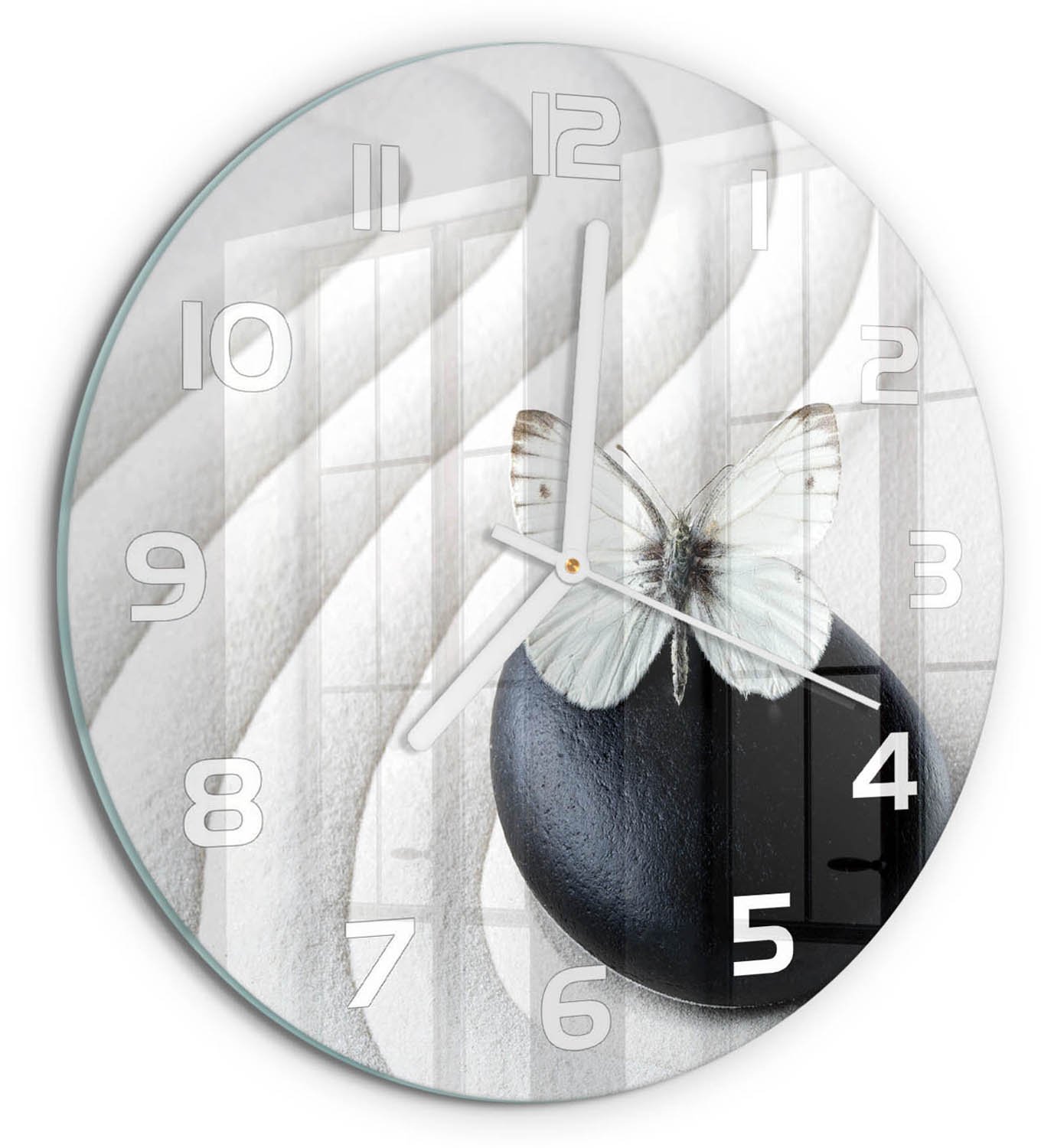 TULUP Wandklok - Zensteen en vlinder Wandklok Glas Met Motief - fi30 cm - Wit Decoratieve Glazen Klok - Witte handen - Ronde Klok - Gekleurde Glazen Klok - Glazen Klok Met Print