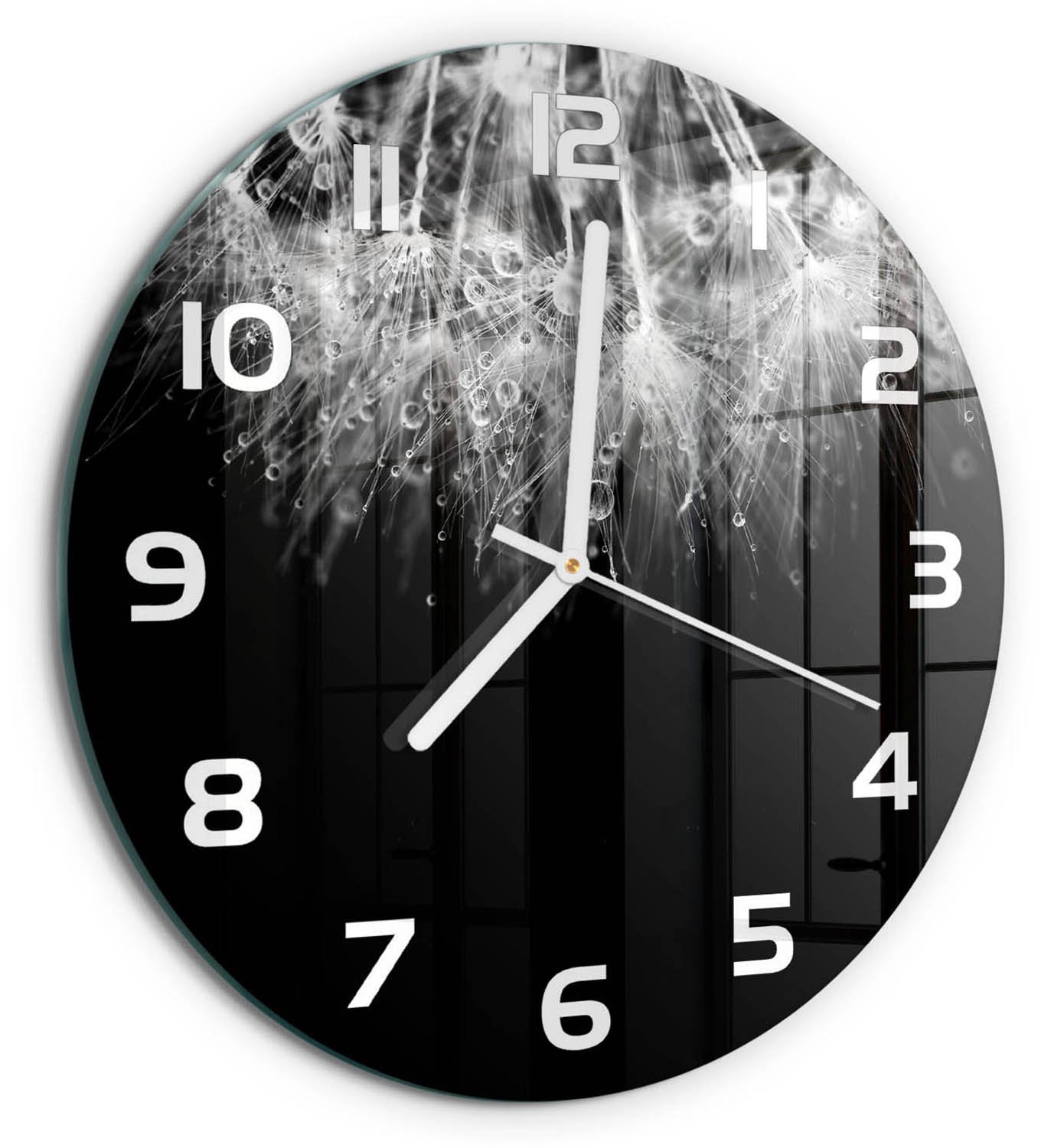 TULUP Wandklok - Paardenbloemzaden Wandklok Glas Met Motief - fi30 cm - Zwart-wit Decoratieve Glazen Klok - Witte handen - Ronde Klok - Gekleurde Glazen Klok - Glazen Klok Met Print