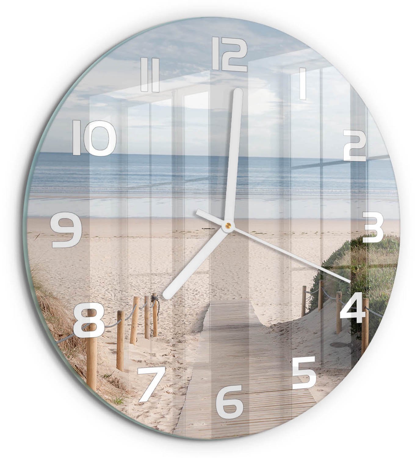 TULUP Wandklok - De weg naar het strand Glazen Wandklok Design - fi30 cm - Beige Klok Glas Met Opdruk - Witte handen - Ronde Klok - Wandklok Glas Met Motief - Decoratieve Glazen Klok