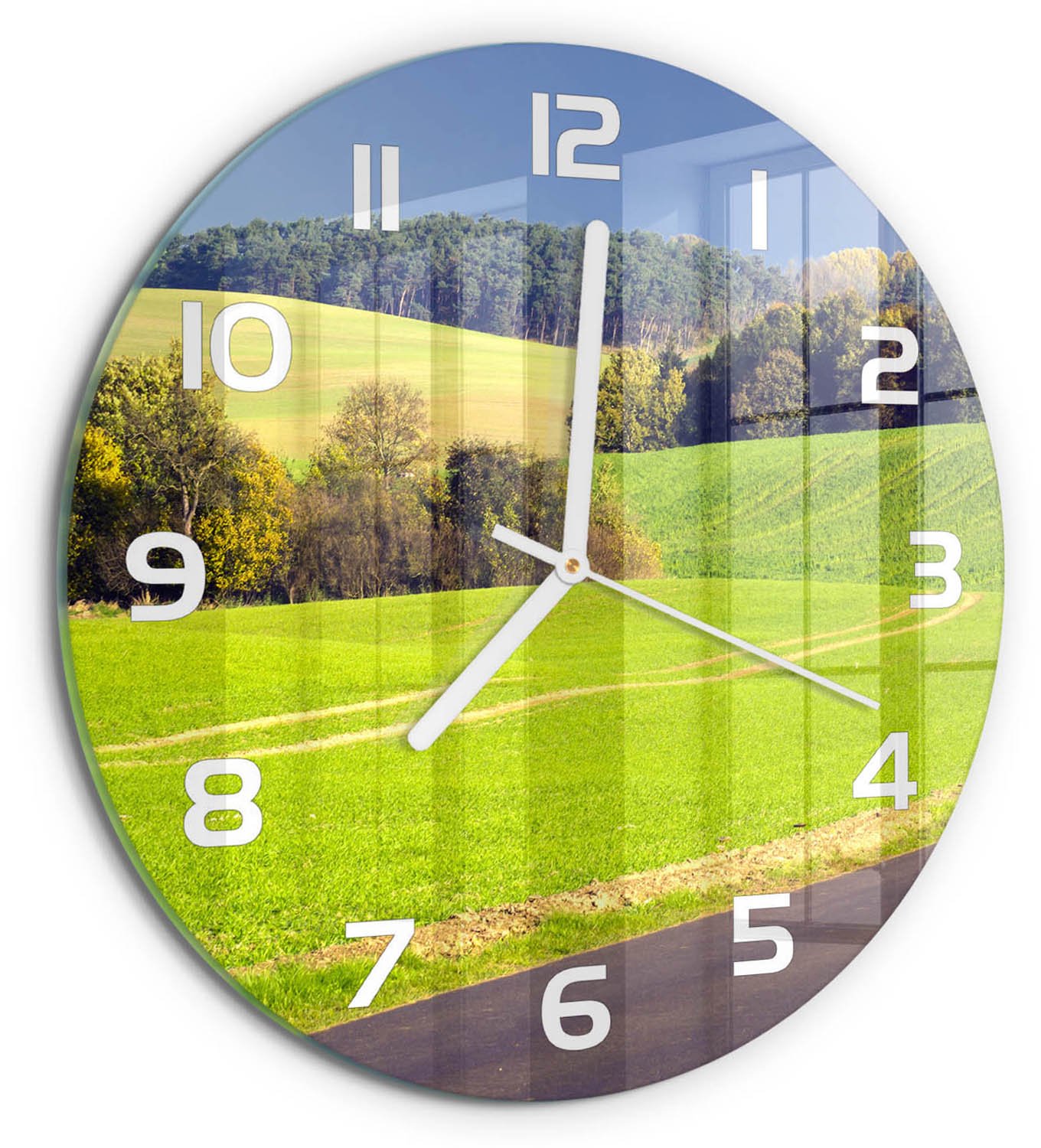 TULUP Wandklok - Onverharde weg Glazen Klok Met Print - fi30 cm - Groente Wandklok Glas Met Motief - Witte handen - Ronde Klok - Wandklok Glas Decoratie - Gekleurde Glazen Klok