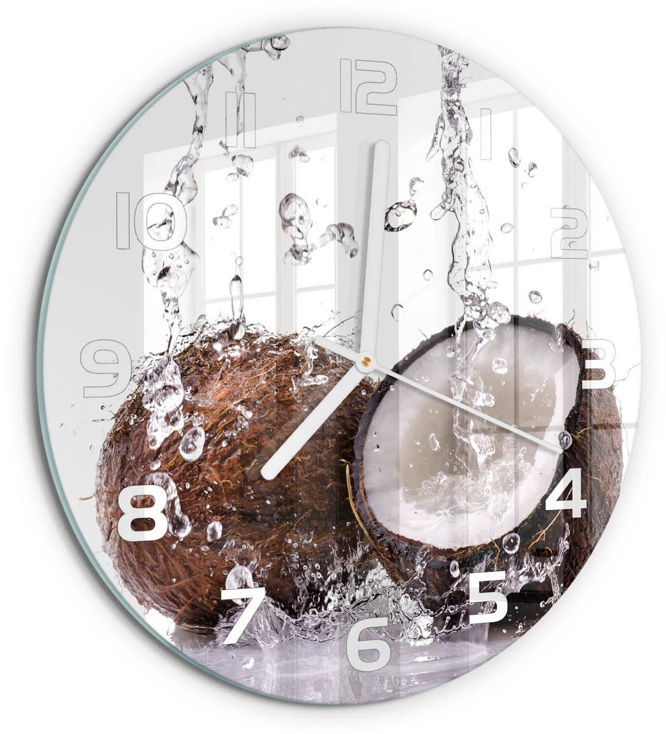 TULUP Wandklok - Kokosnoot en water Moderne Wandklok Glas - fi30 cm - Bruin Wandklok Glas Decoratie - Witte handen - Ronde Klok - Glazen Wandklok Design - Klok Glas Met Opdruk