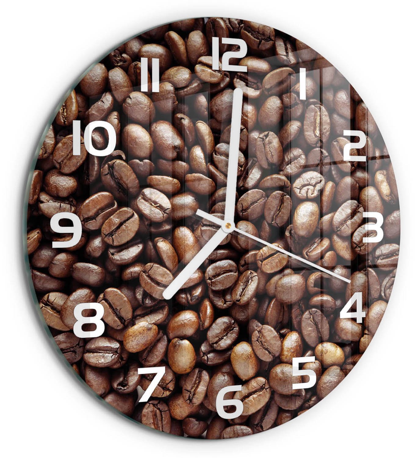 TULUP Wandklok - Koffiebonen Gekleurde Glazen Klok - fi30 cm - Bruin Glazen Klok Met Print - Witte handen - Ronde Klok - Moderne Wandklok Glas - Wandklok Glas Decoratie