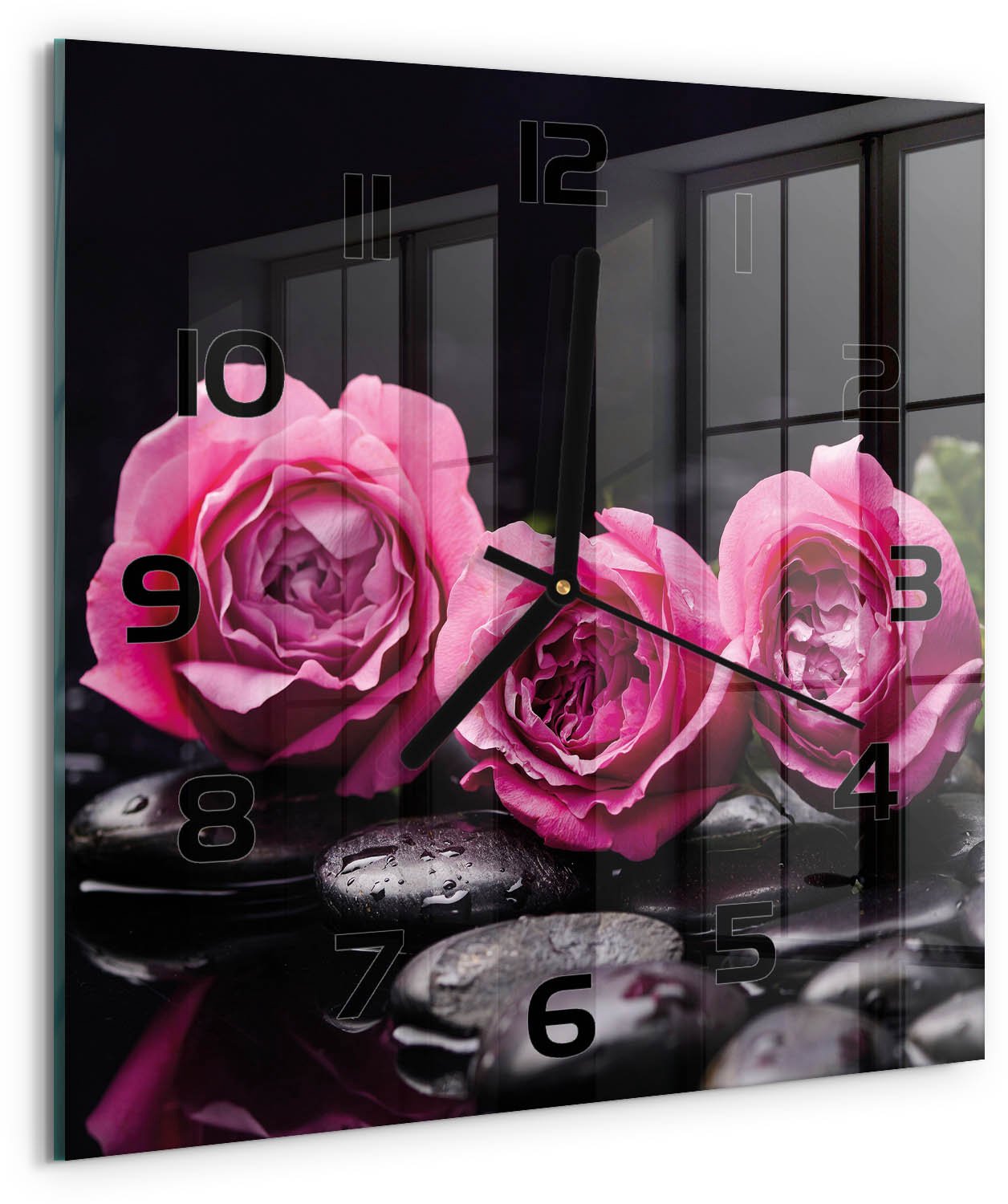 TULUP Wandklok - Roze rozen Klok Glas Met Opdruk - 30x30 cm - Roze Moderne Wandklok Glas - Zwarte handen - Vierkante Klok - Decoratieve Glazen Klok - Glazen Wandklok Design
