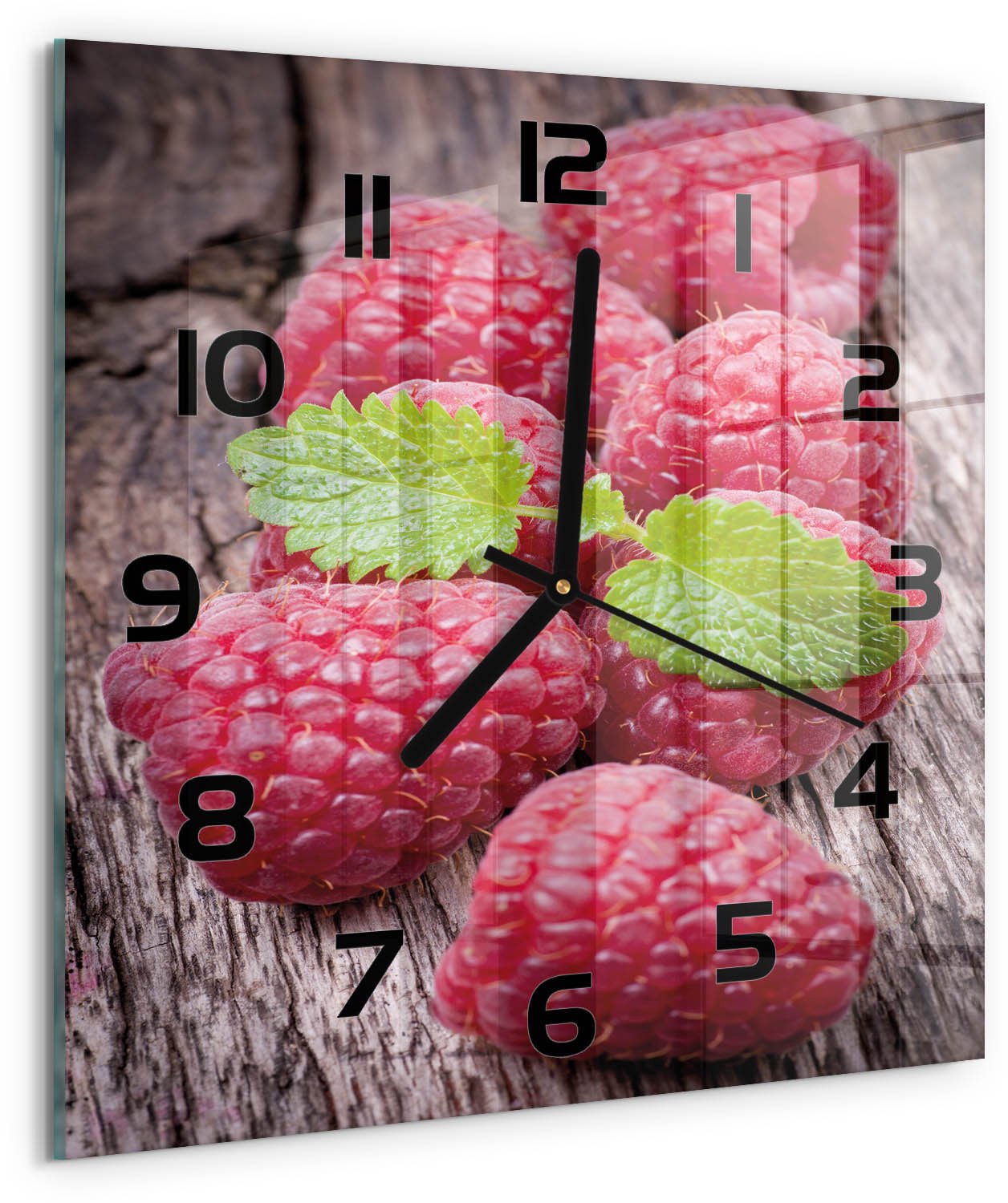 TULUP Wandklok - Frambozen Wandklok Glas Decoratie - 30x30 cm - Rood Gekleurde Glazen Klok - Zwarte handen - Vierkante Klok - Klok Glas Met Opdruk - Moderne Wandklok Glas